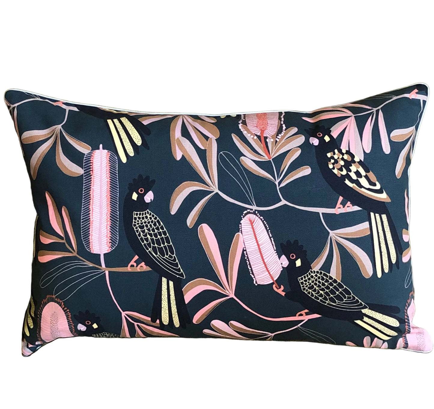 charcoal cockatoo and banksia jocelyn proust print lumbar cushion