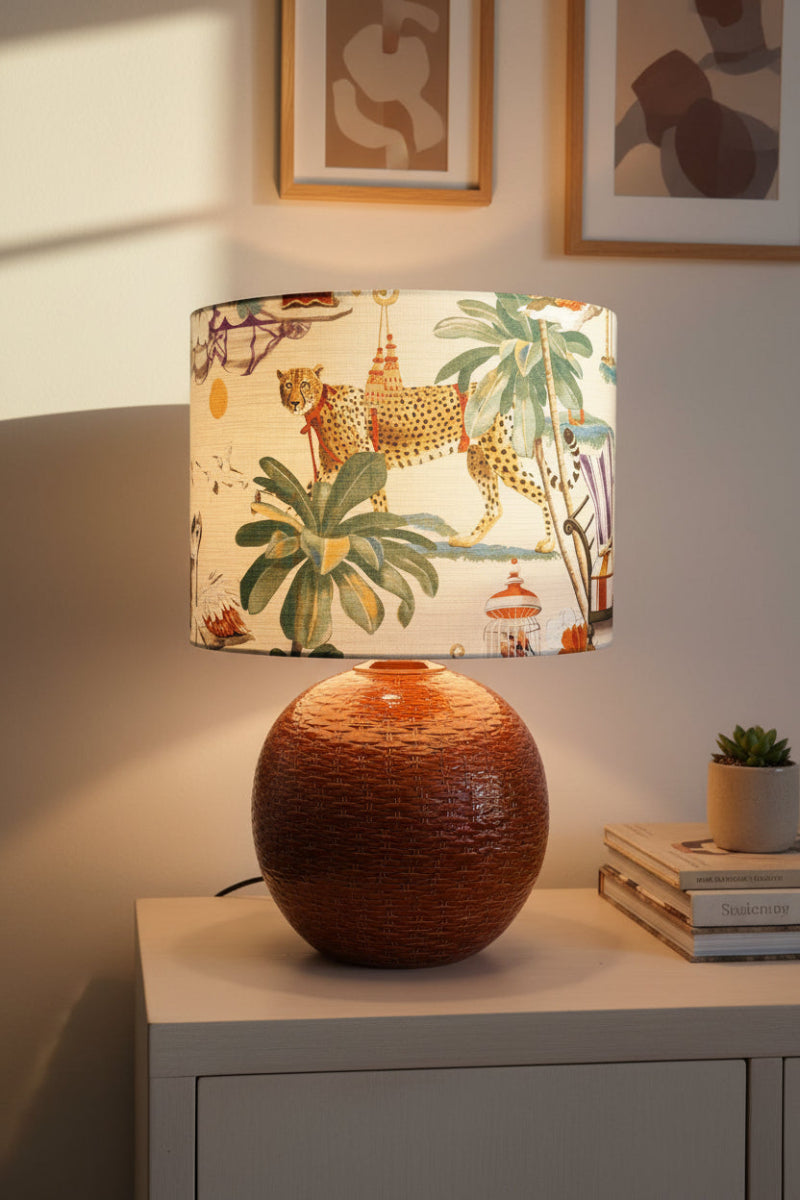 Italian basketweave lamp with leopard lampshade