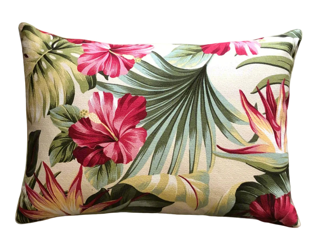 retro hawaiian tropical hibiscus and bird of paradise barkcloth cushion