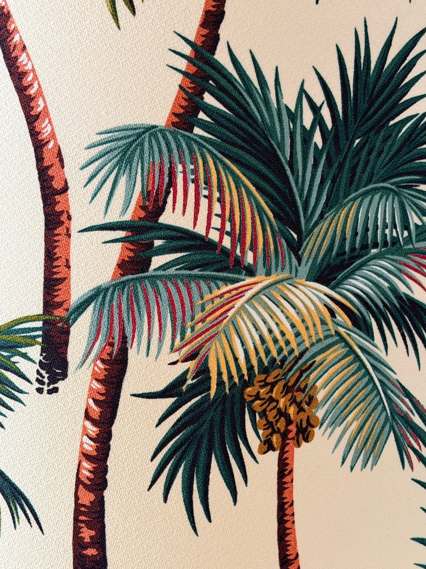 palm tree barkcloth lampshade close up
