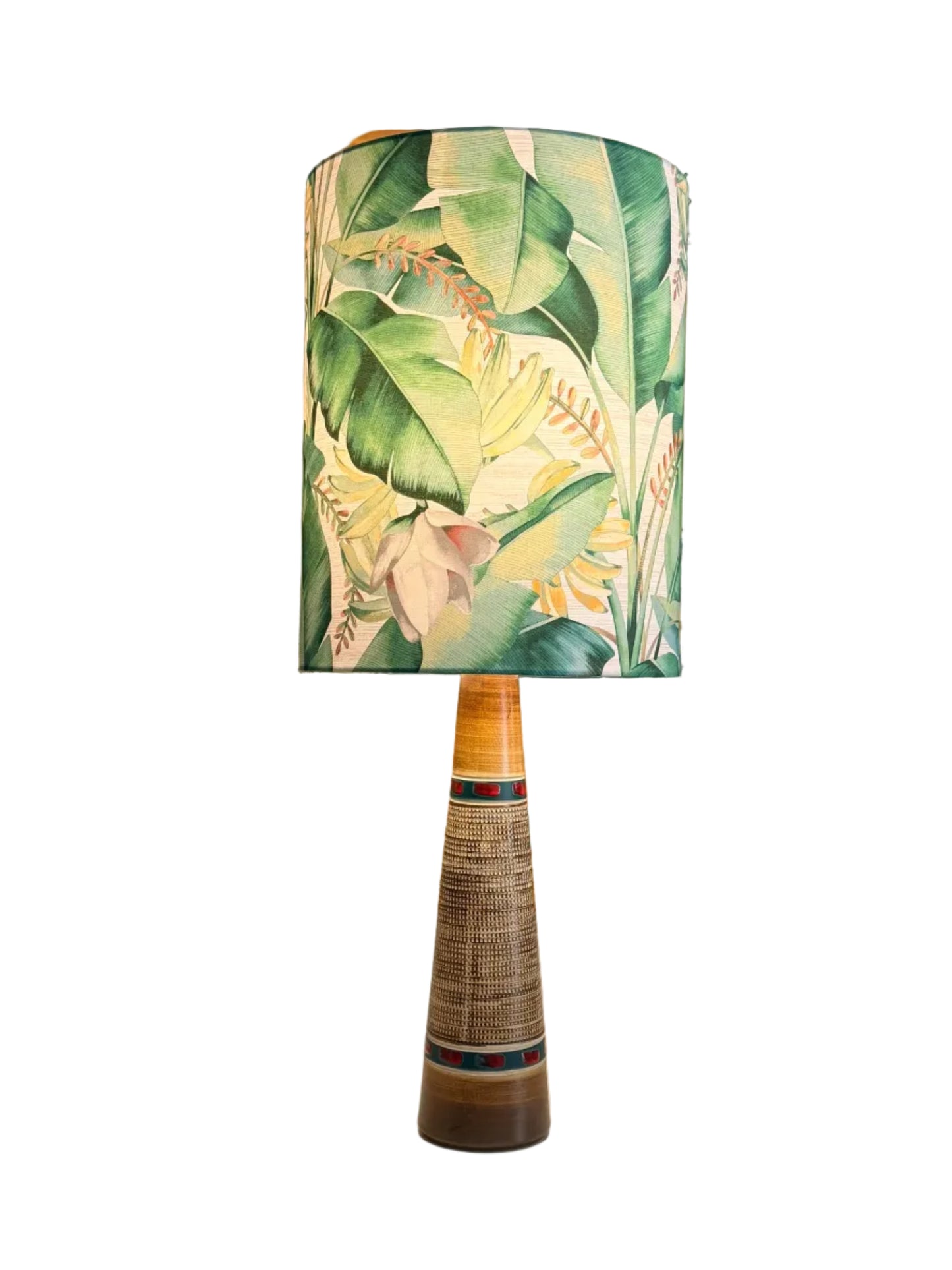 vintage retro tower lamp with tropical banana flower lamp shade.