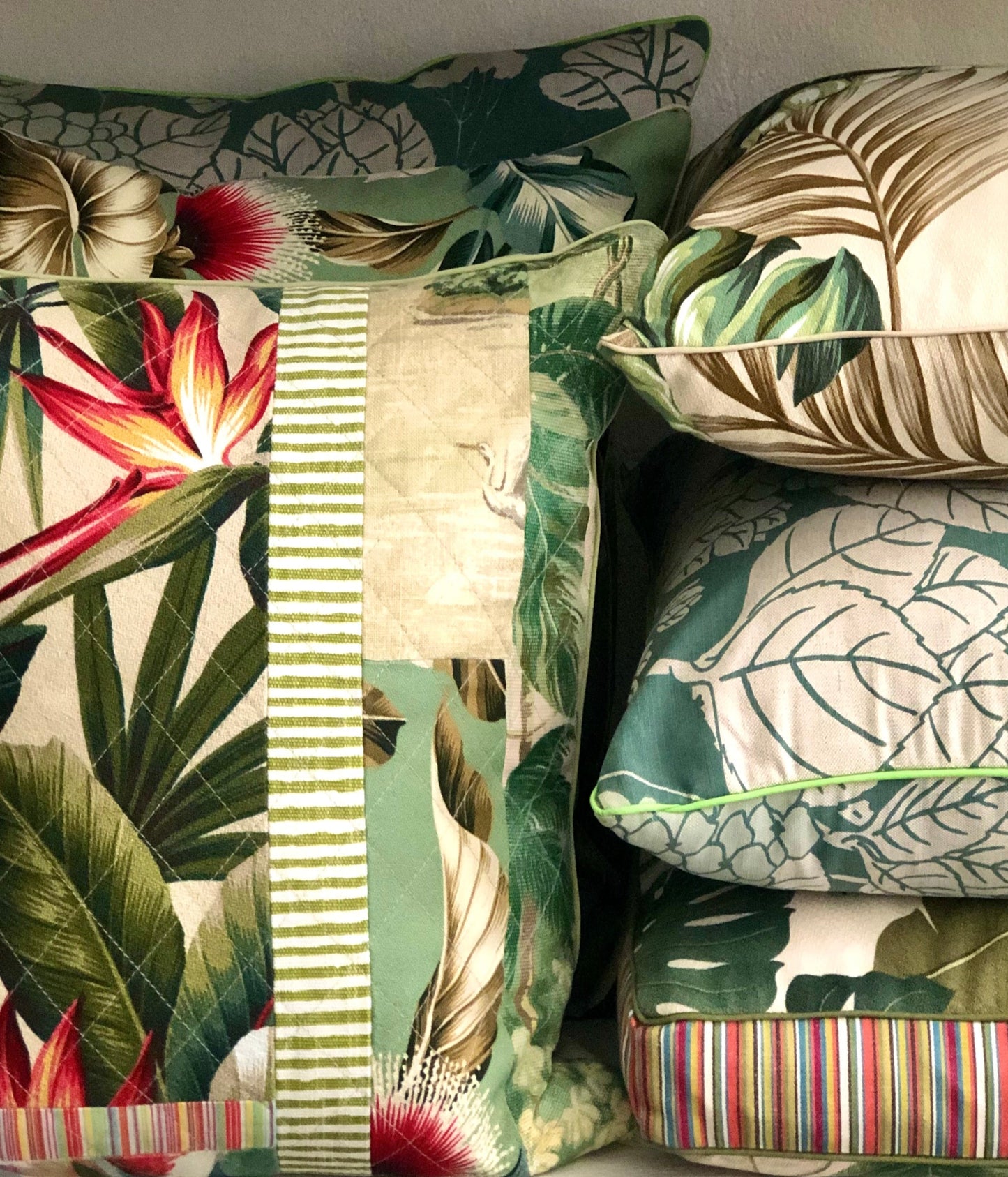 tropical patchwork quilted cushion