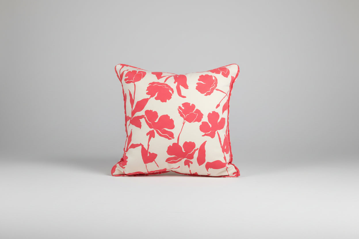 cerise bloom bordered handprinted outdoor cushion
