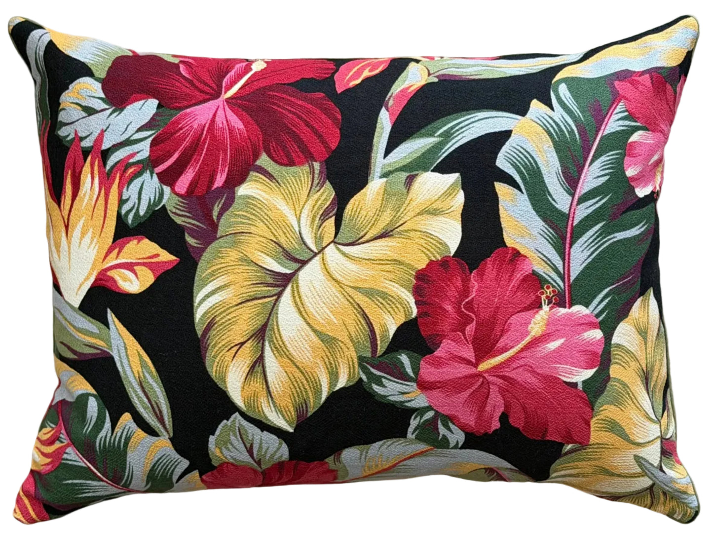black hibiscus barkcloth lumbar cushion