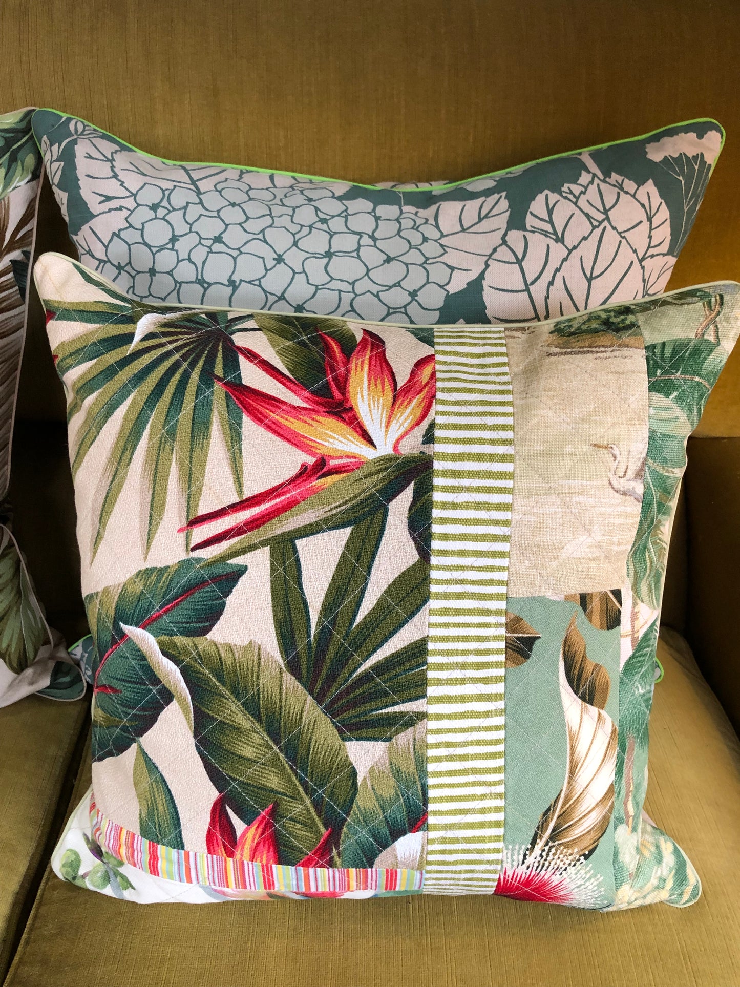 tropical patchwork quilted cushion
