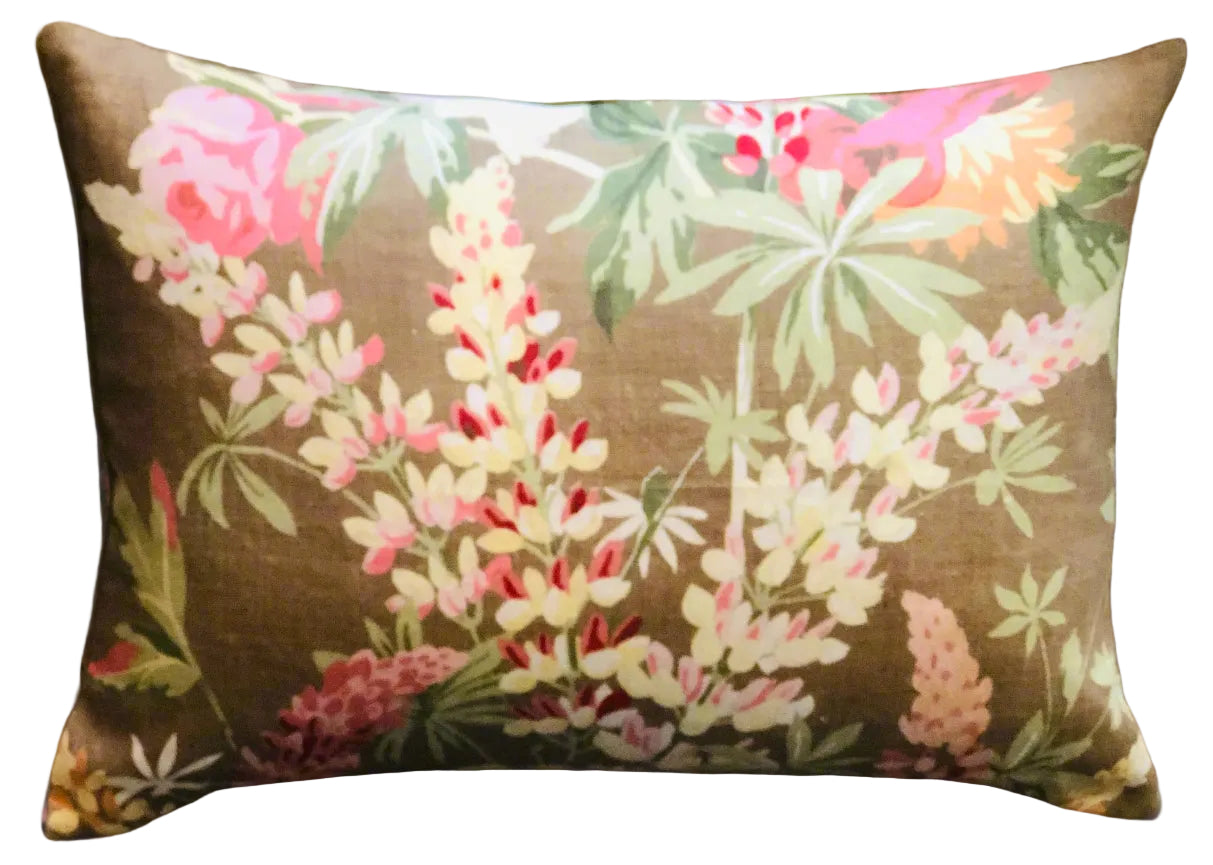 Floral-patterned pillow on a gray background