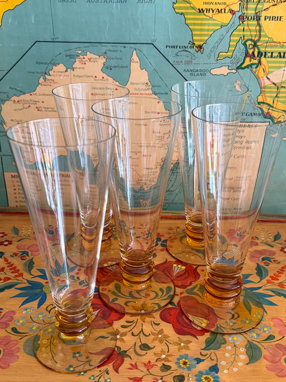 set of 5 amber glass flutes