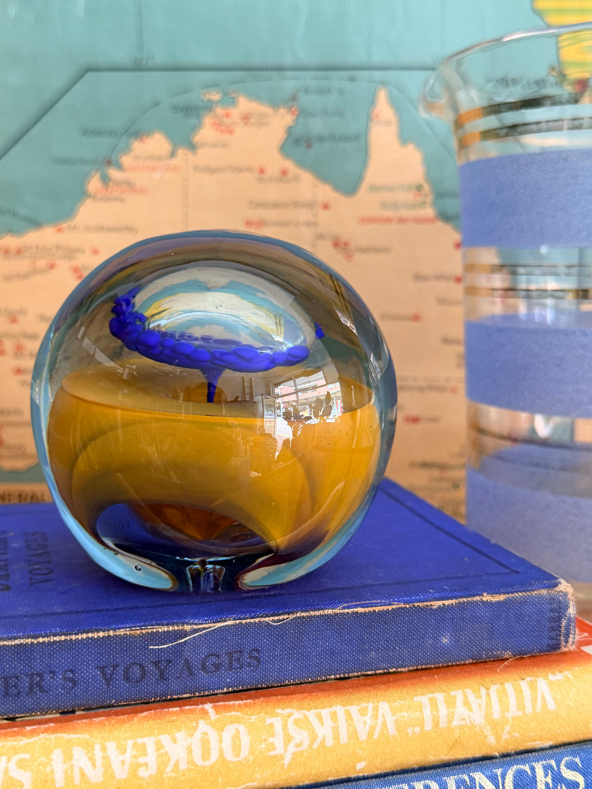 Mustard & Cobalt Glass Mushroom Paperweight