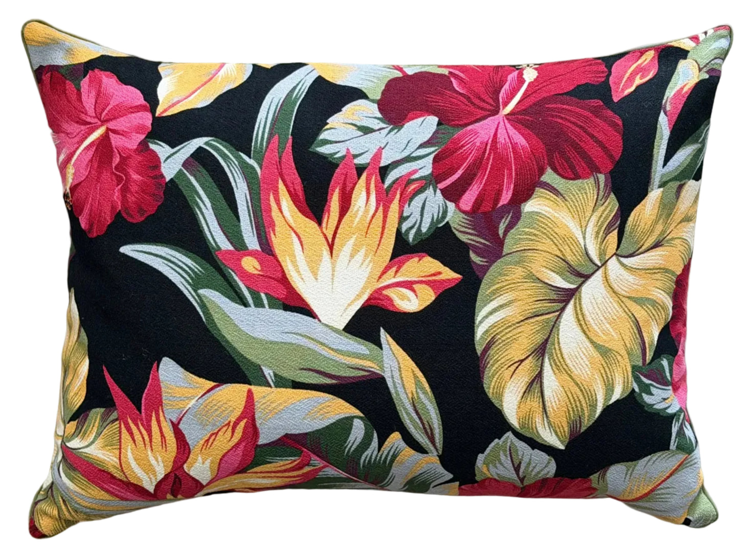 black hibiscus barkcloth lumbar cushion