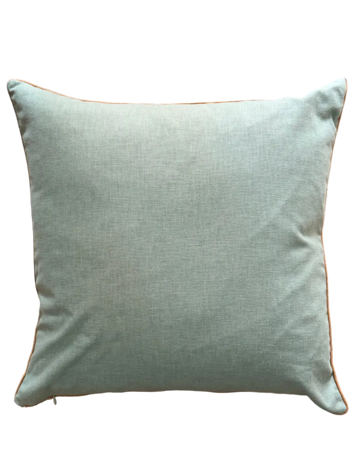 A square sage green throw pillow with a subtle tan piping border.