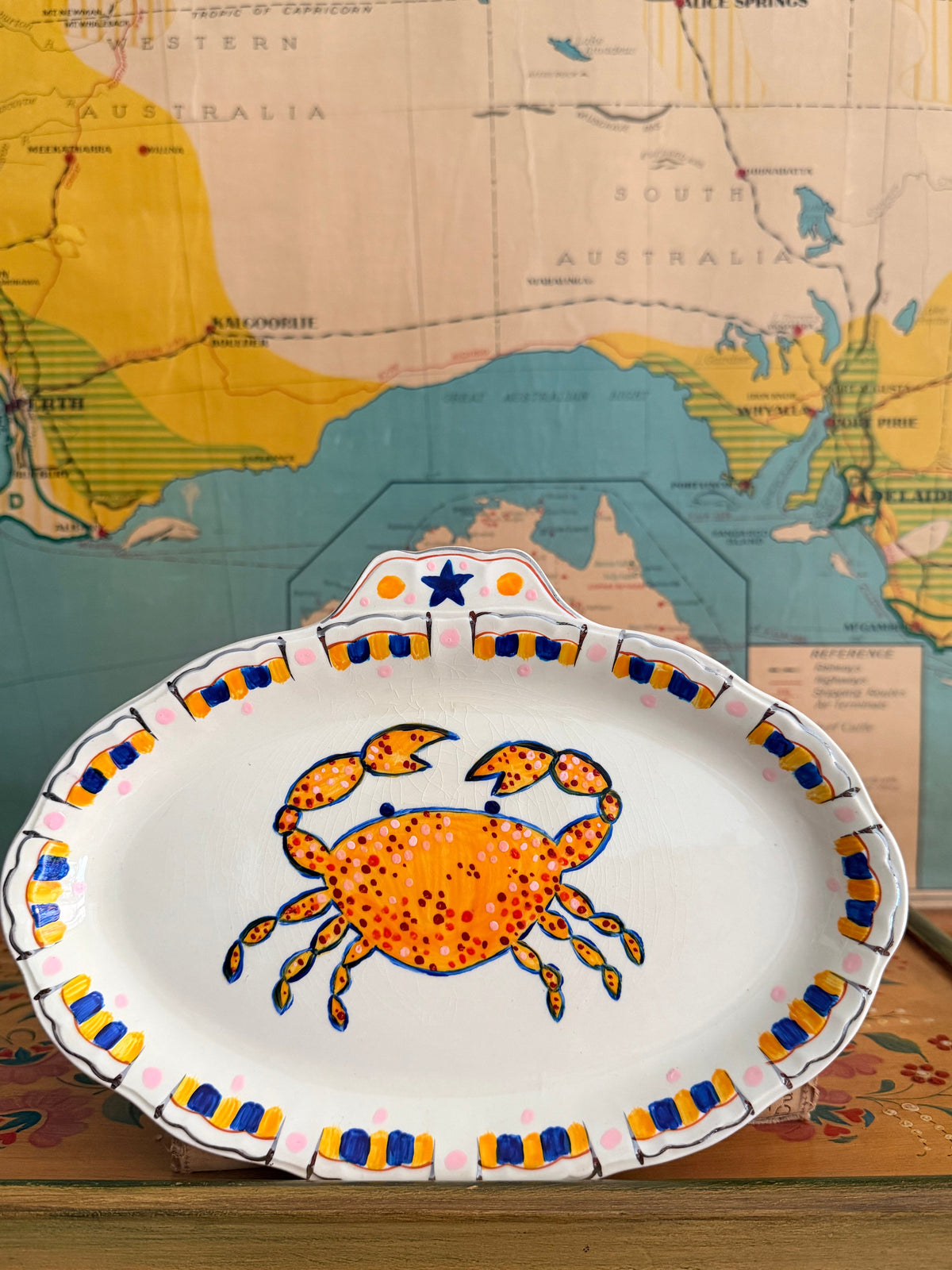 Alfred Meakin hand painted small platter ith bright orange crab motif