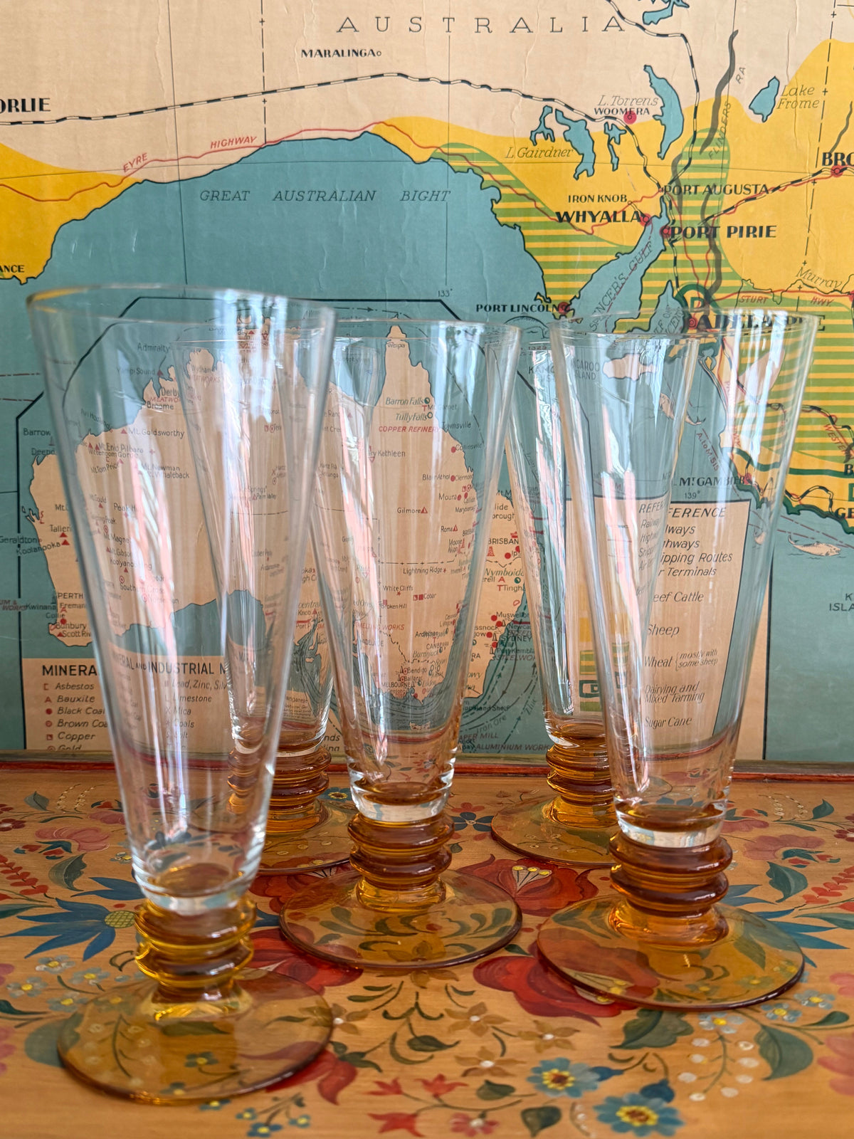 set of  5 amber glass flutes 