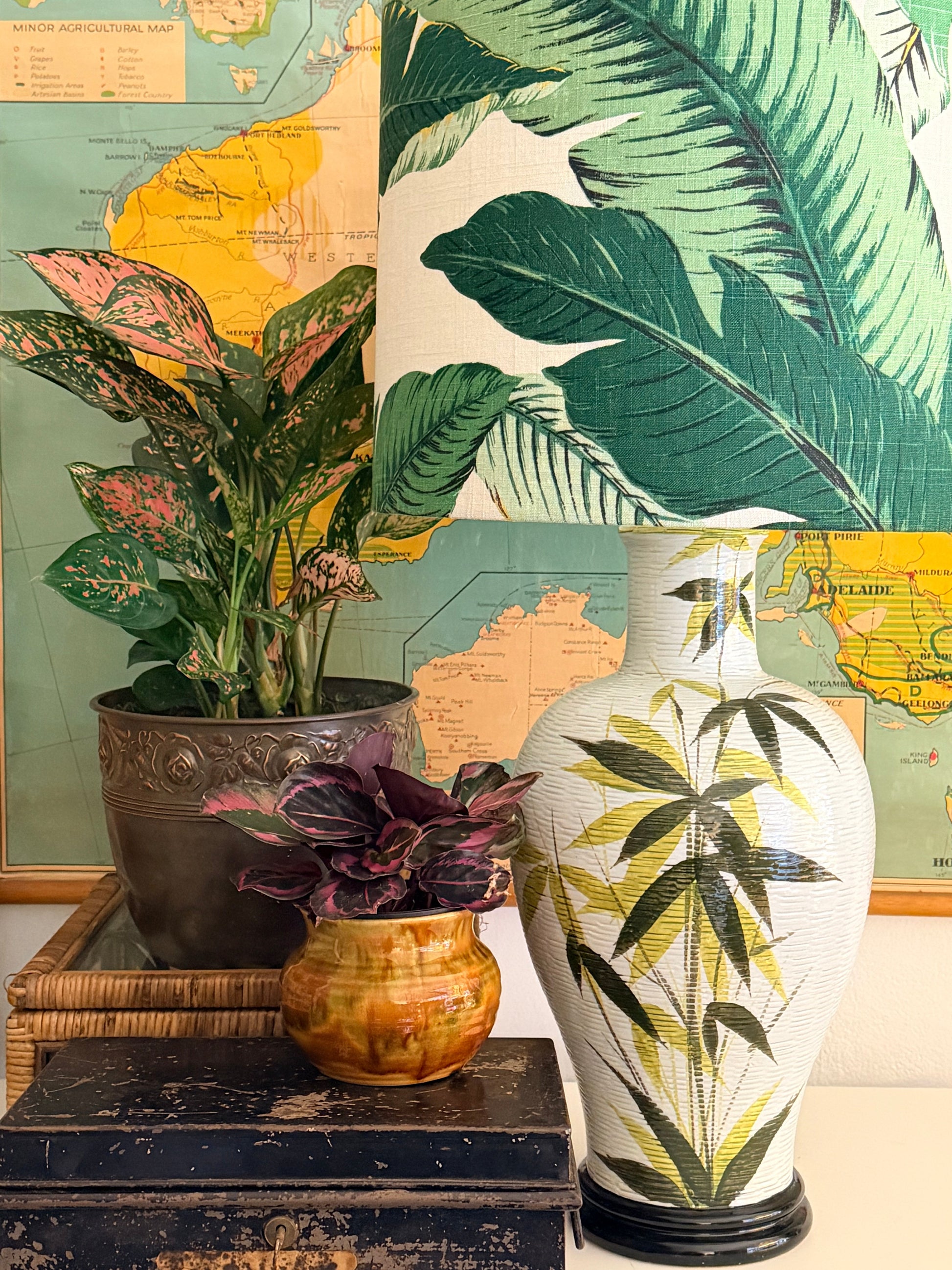 textured handpainted tall lamp with tropical green banana leaf lampshade