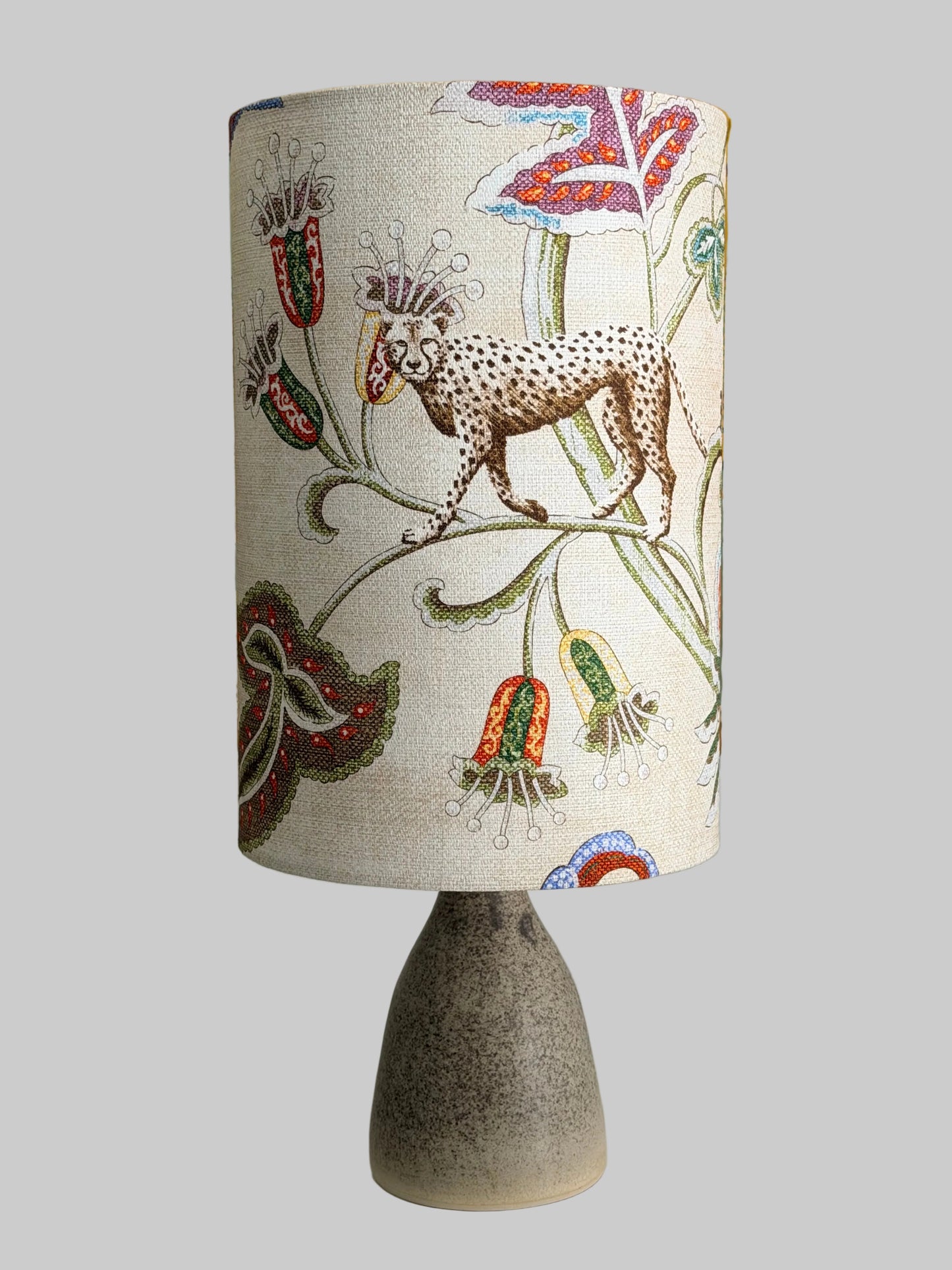 aj handthrown table lamp with leopard lampshade