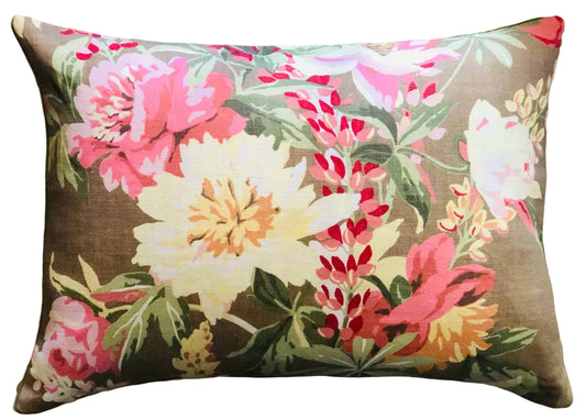 Floral-patterned pillow on a gray background