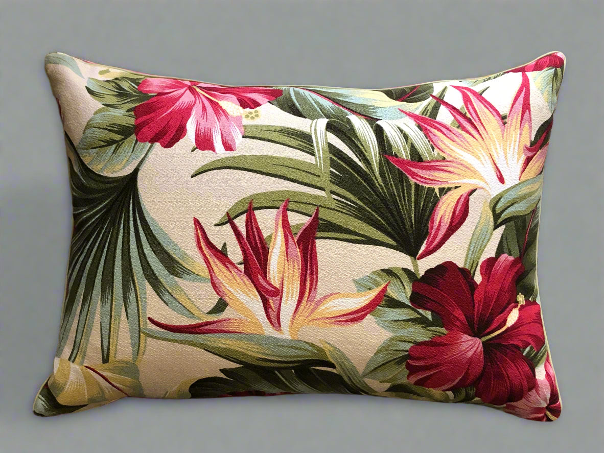 retro hawaiian tropical hibiscus and bird of paradise barkcloth cushion