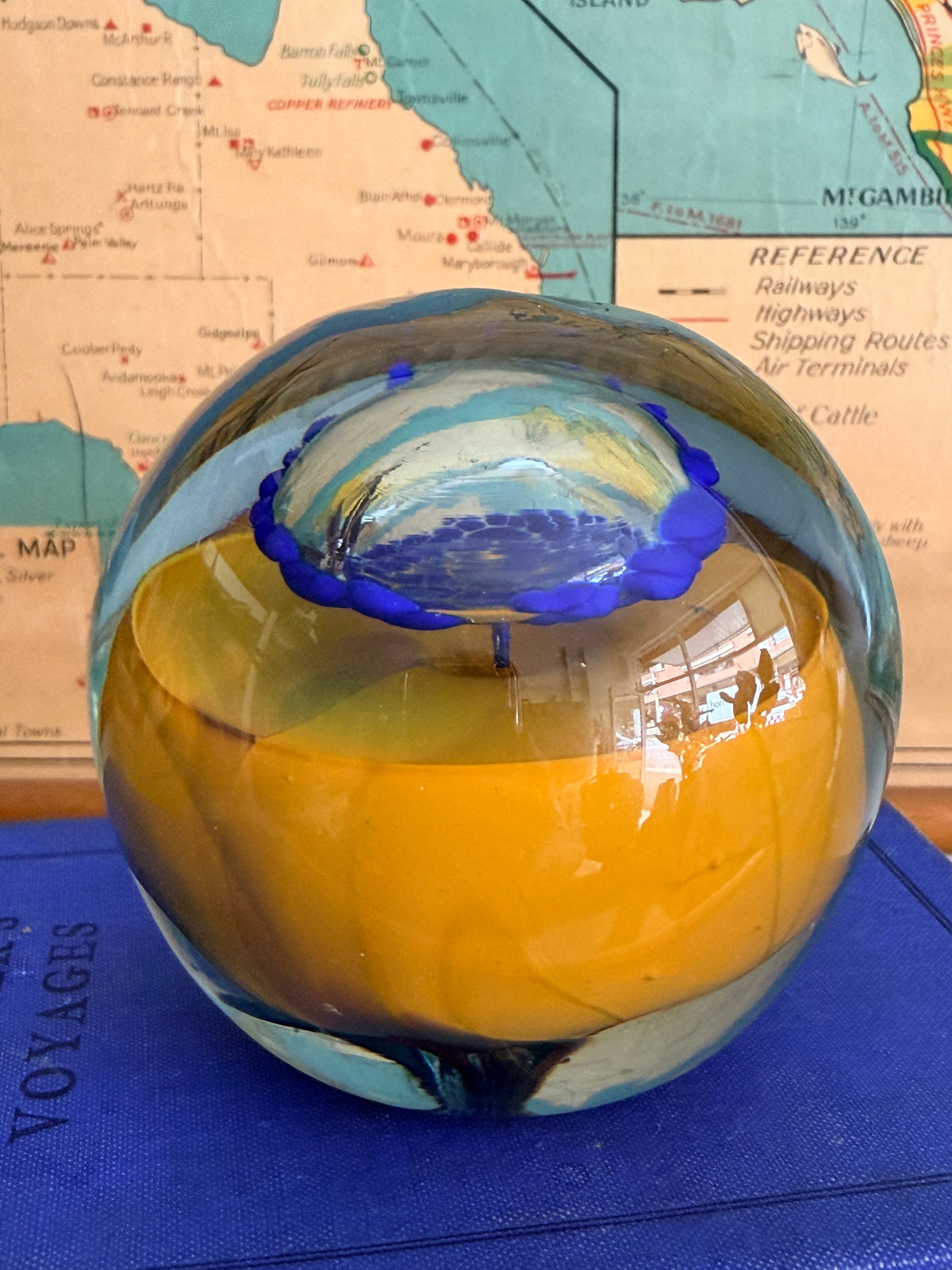 Mustard & Cobalt Glass Mushroom Paperweight