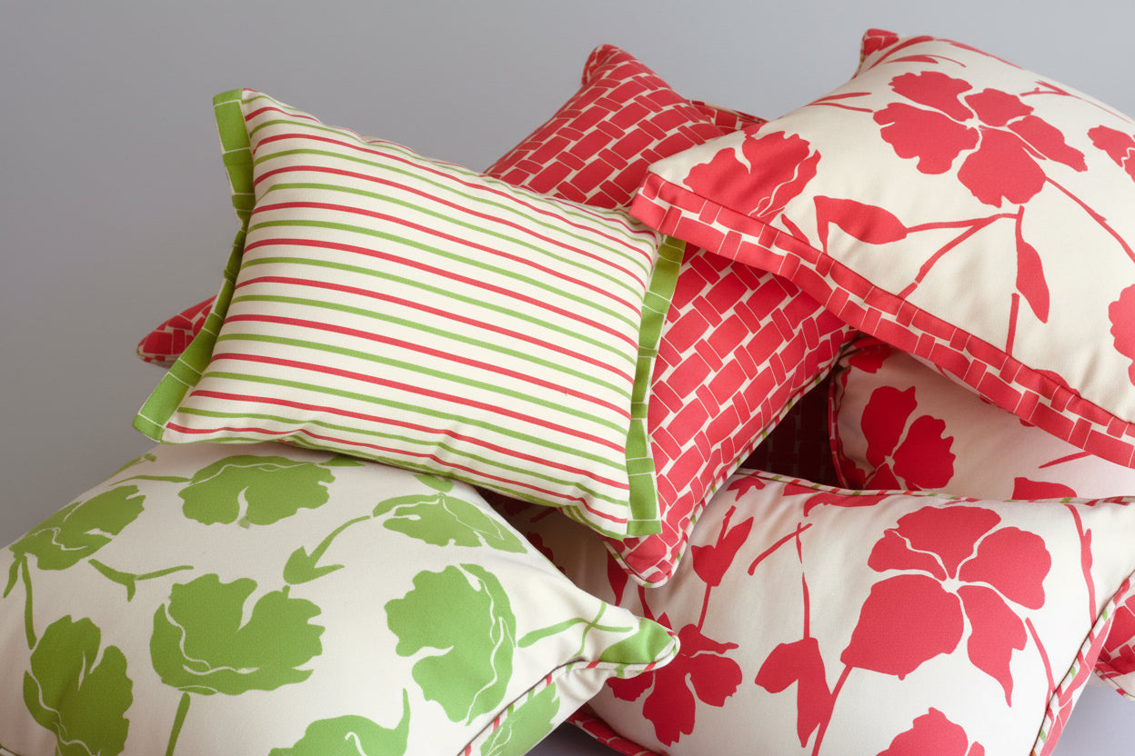 mix of handprinted outdoor cushions
