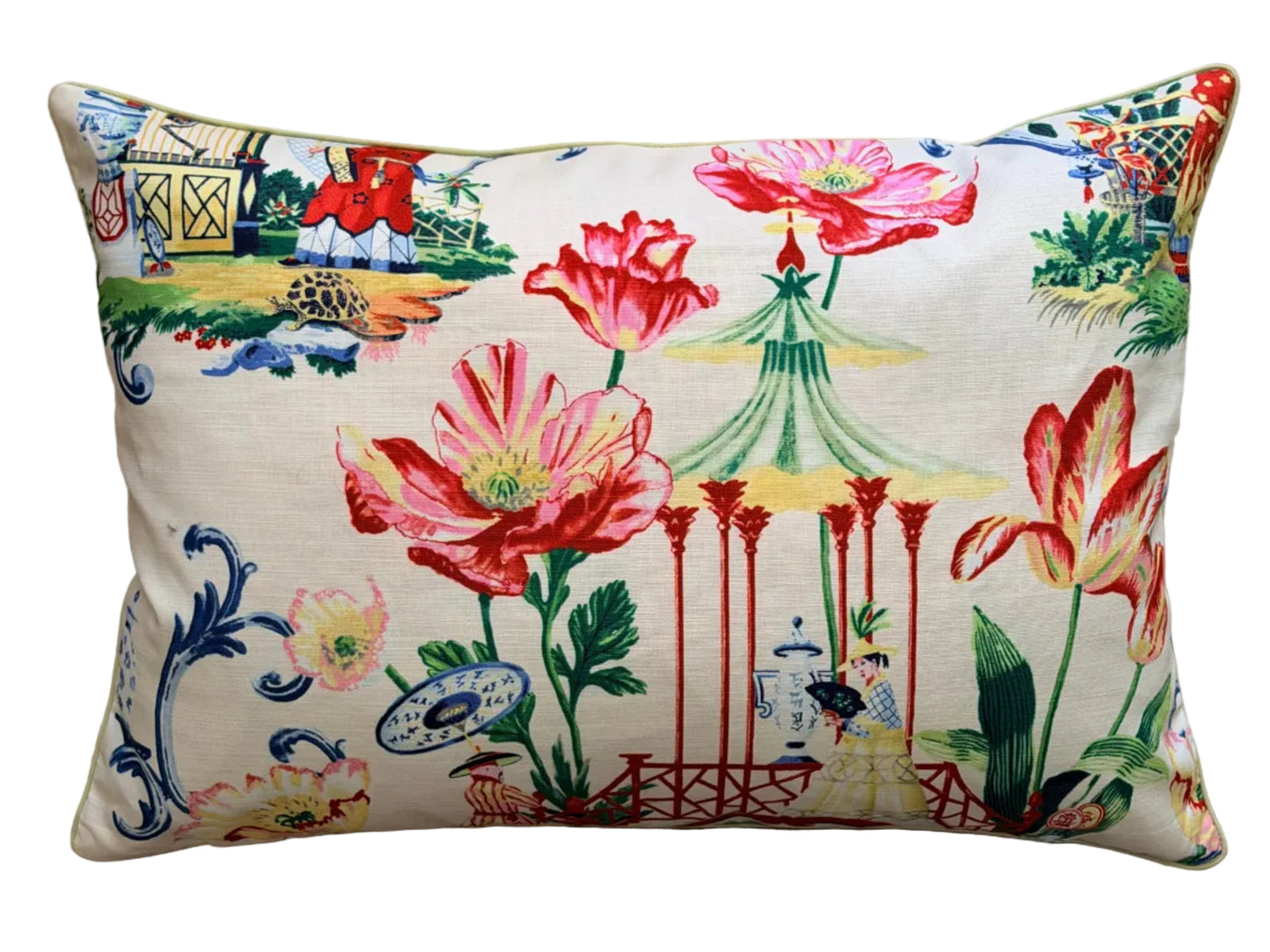 large lumbar chinoiserie cushion with bold blooms and a pagoda