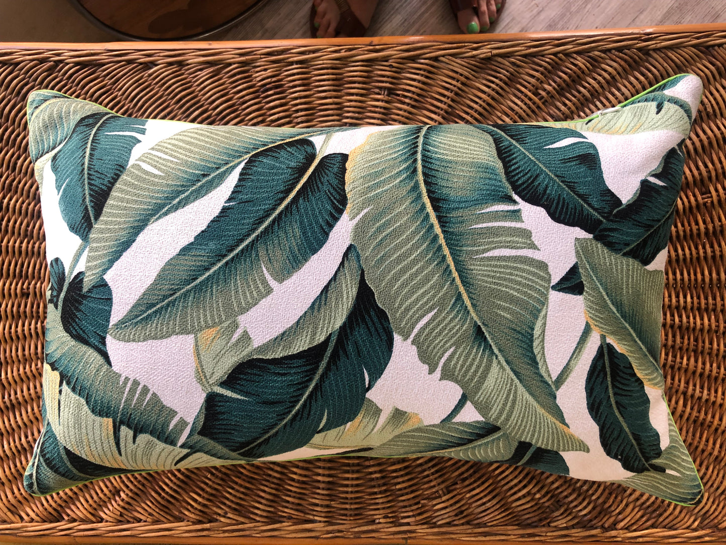 Sage banana leaf piped cushion