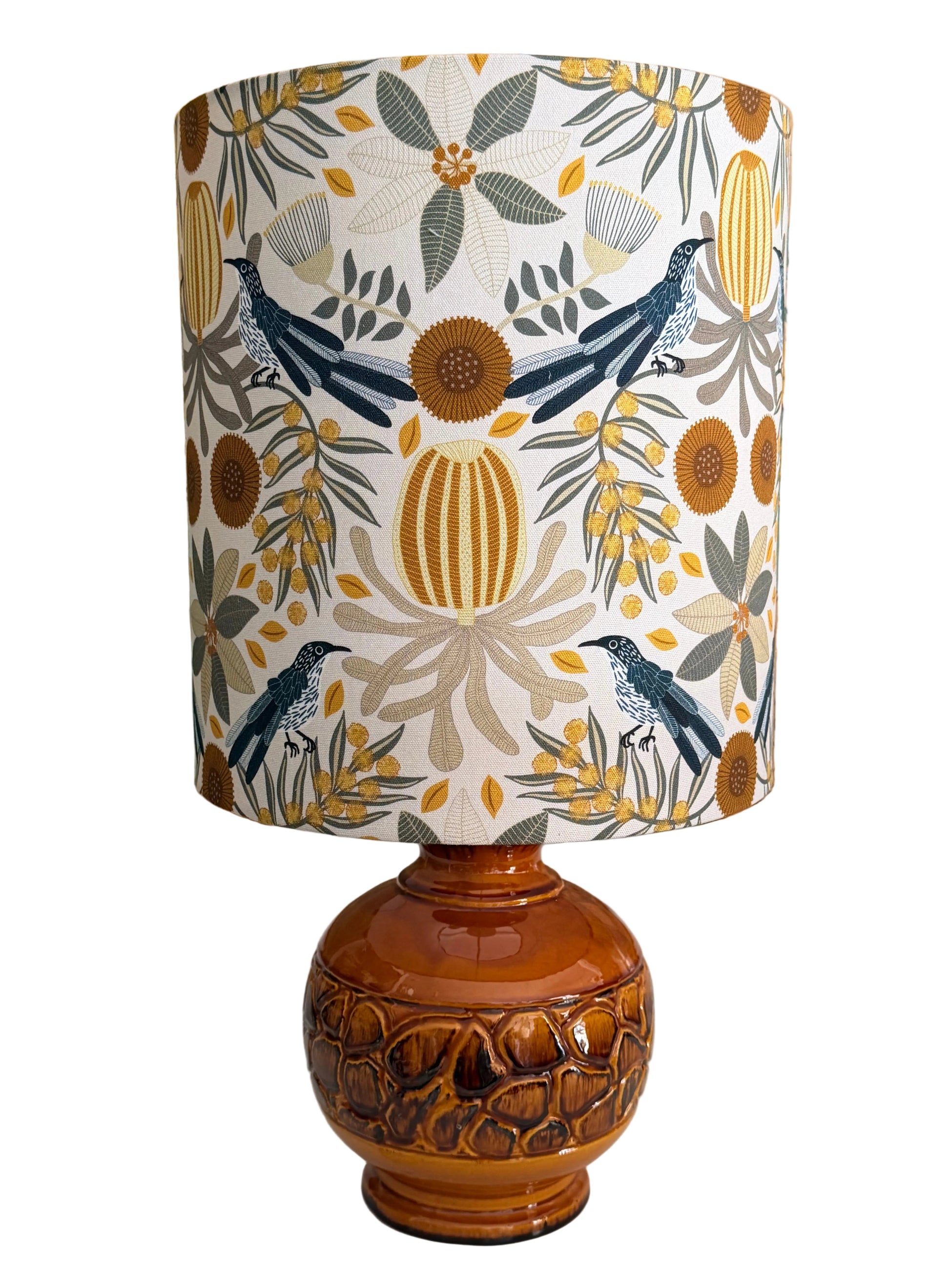 vintage flintstone  table lamp with wattle bird and banksia lampshade