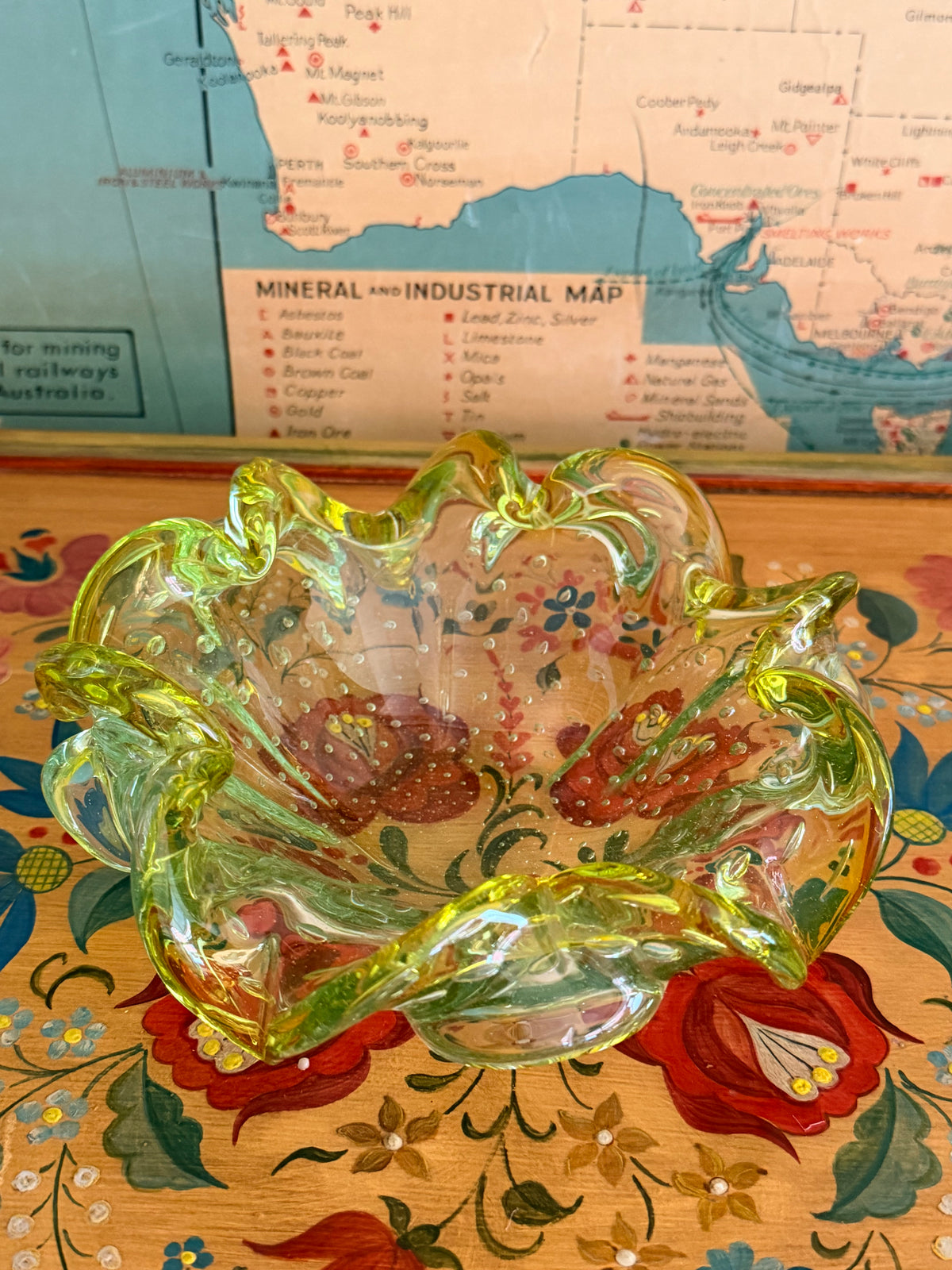 Chartreuse Murano Art Glass Bowl with Controlled Bubbles
