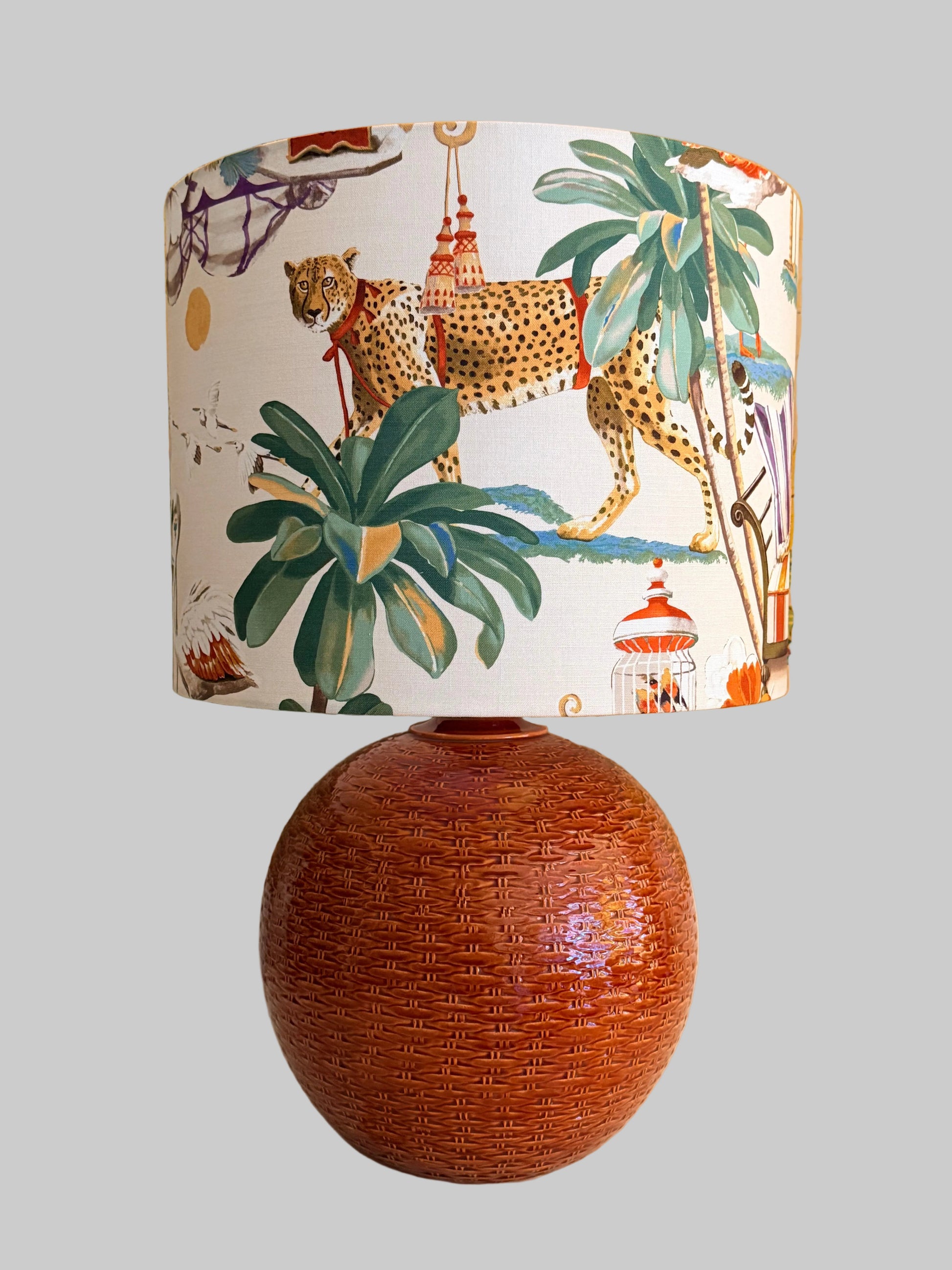 Italian basketweave lamp with leopard lampshade