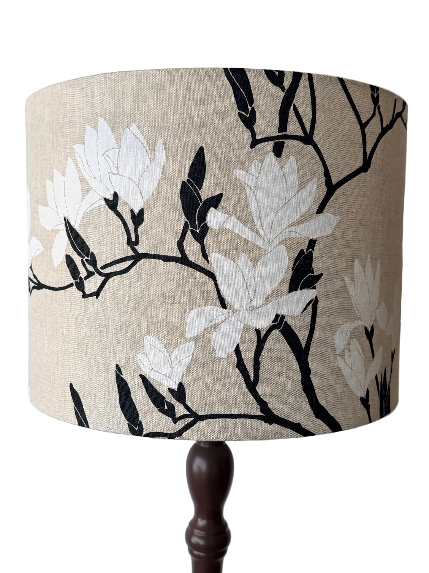 black magnolia hand printed on oatmeal linen lampshade