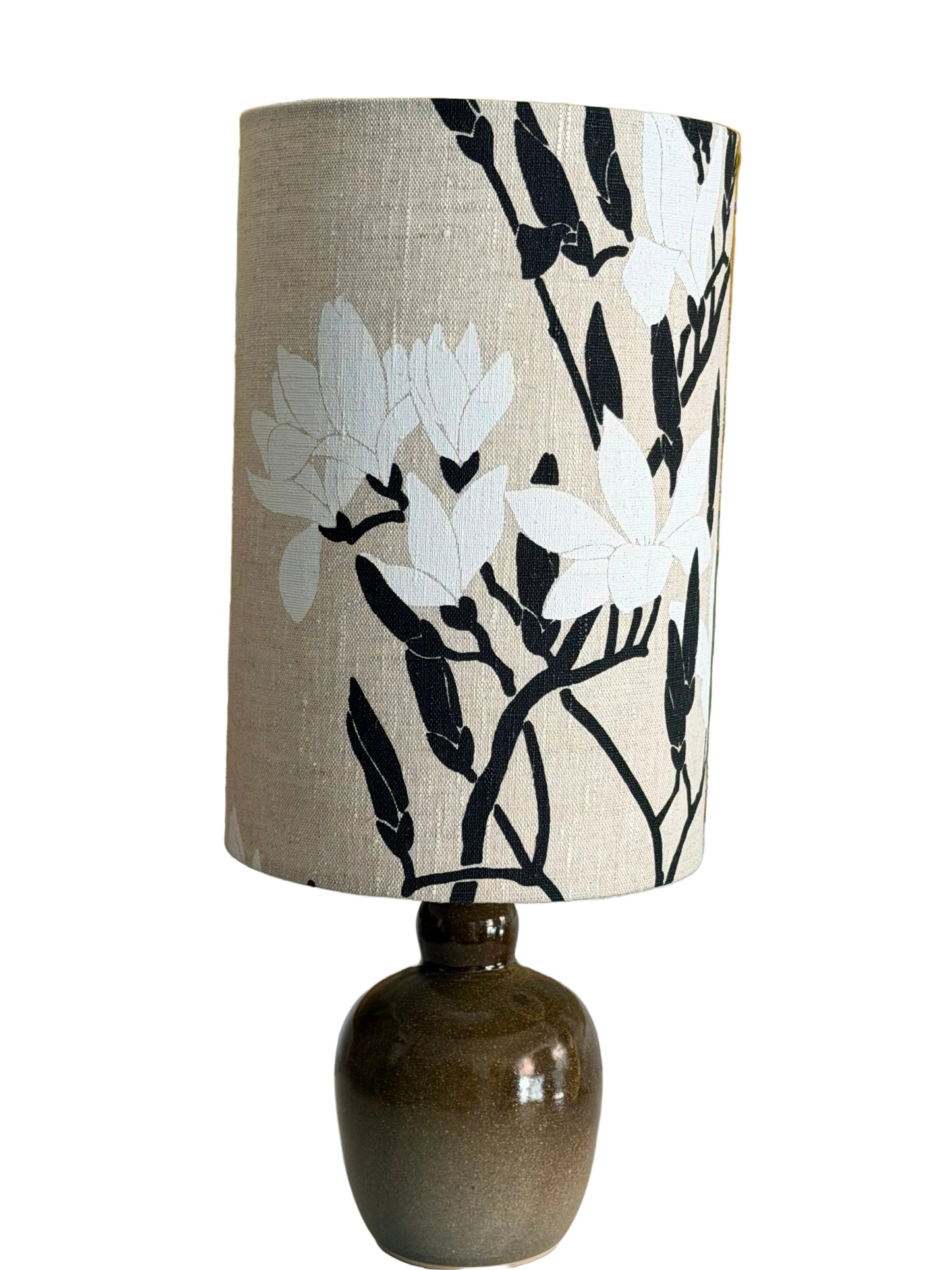 aj handthrown ceramic lamp with linen magnolia lampshade