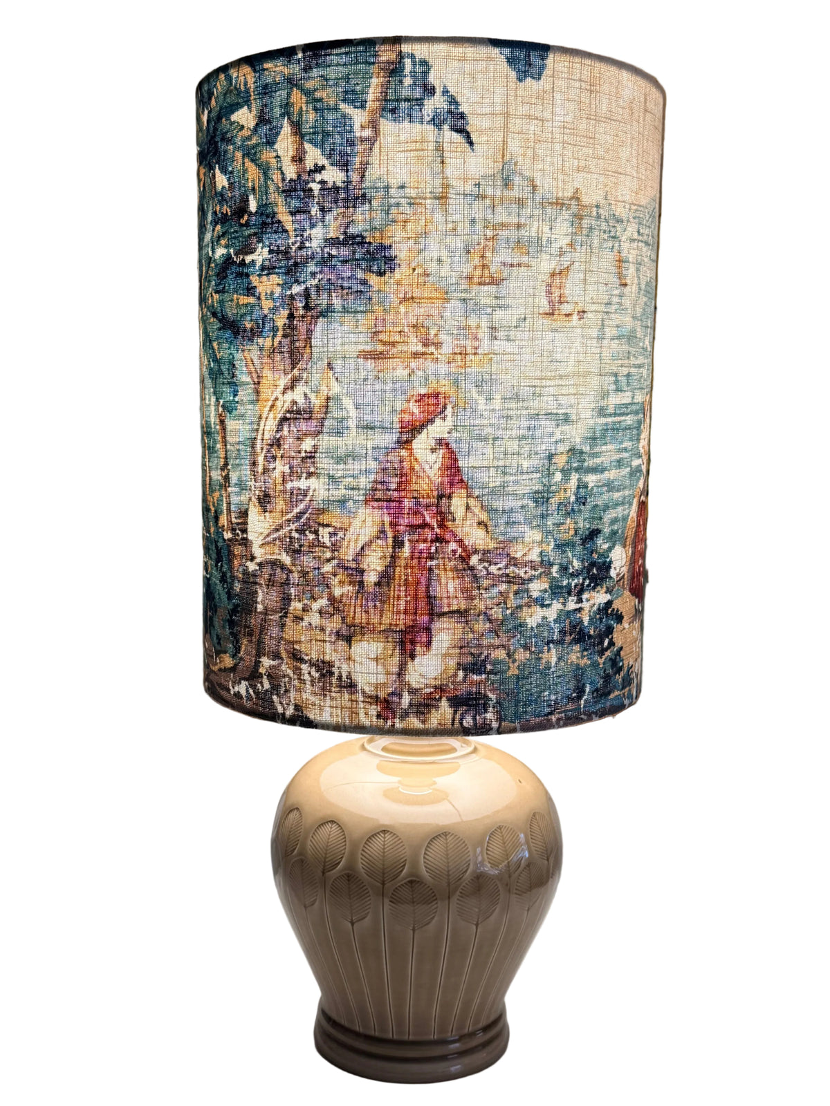 Italian taupe ceramic textured lamp base paired with tropical dawn handmade lampshade.
