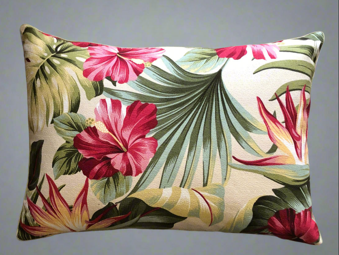 retro hawaiian tropical hibiscus and bird of paradise barkcloth cushion