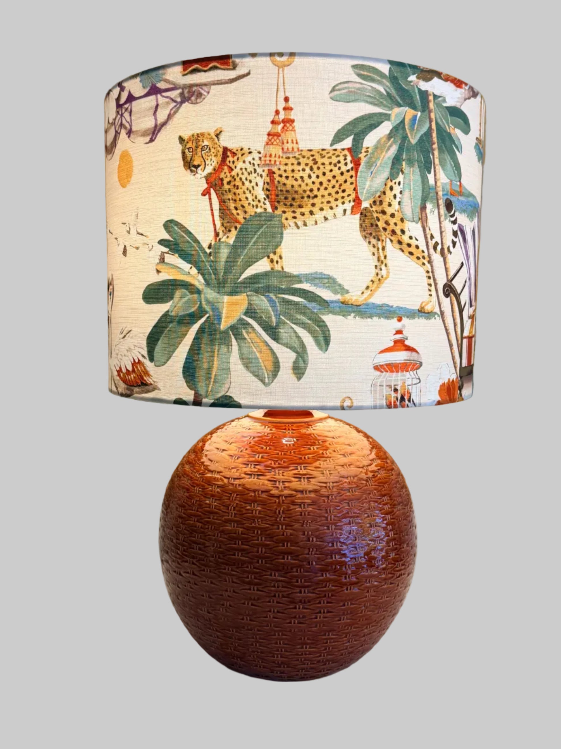 Italian basketweave lamp with leopard lampshade