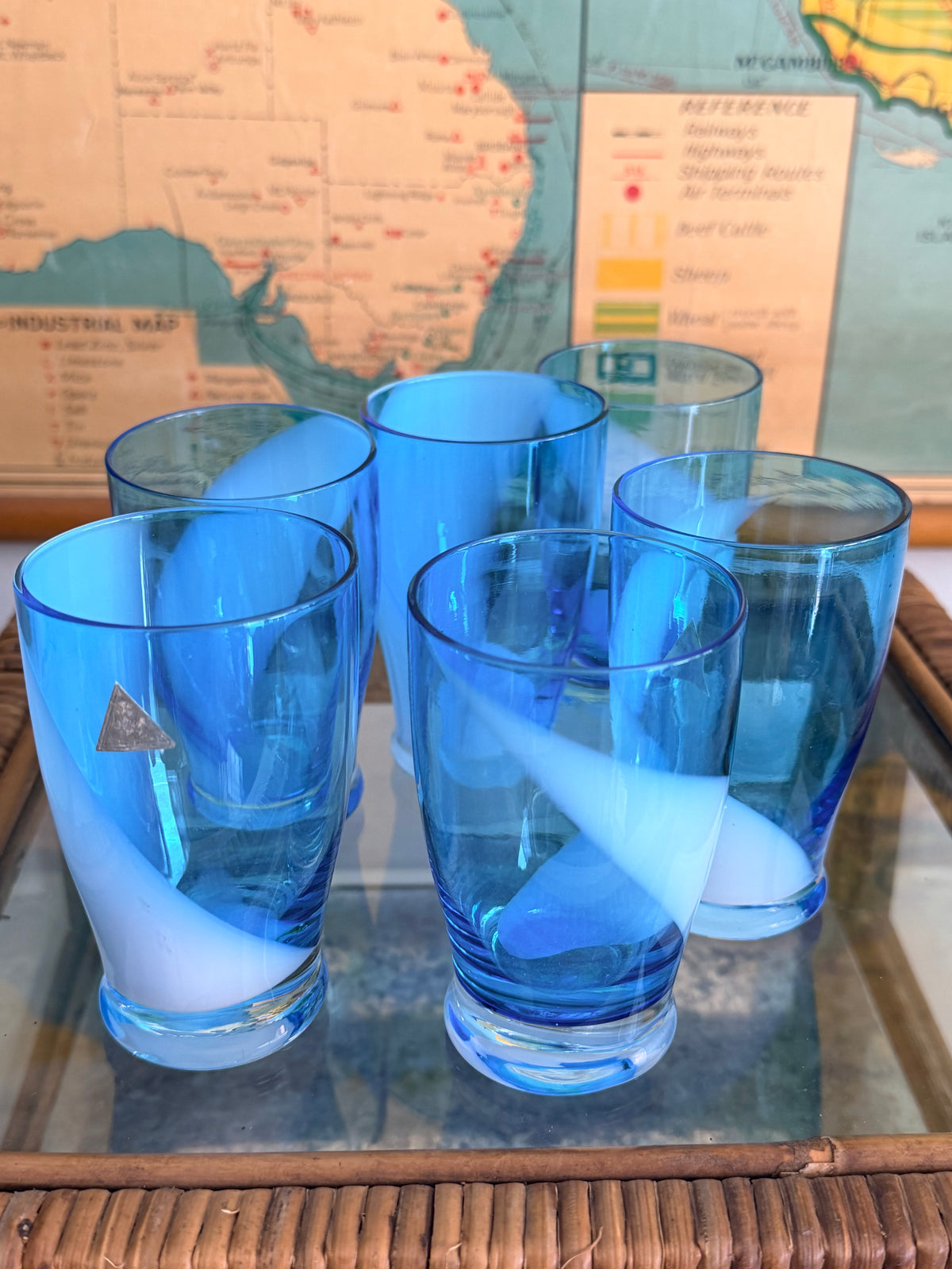 1960s Aqua Blue Glasses | Set of 6