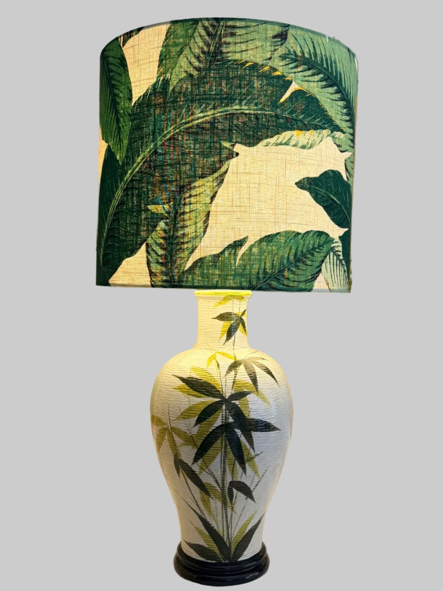 textured handpainted tall lamp with tropical green banana leaf lampshade