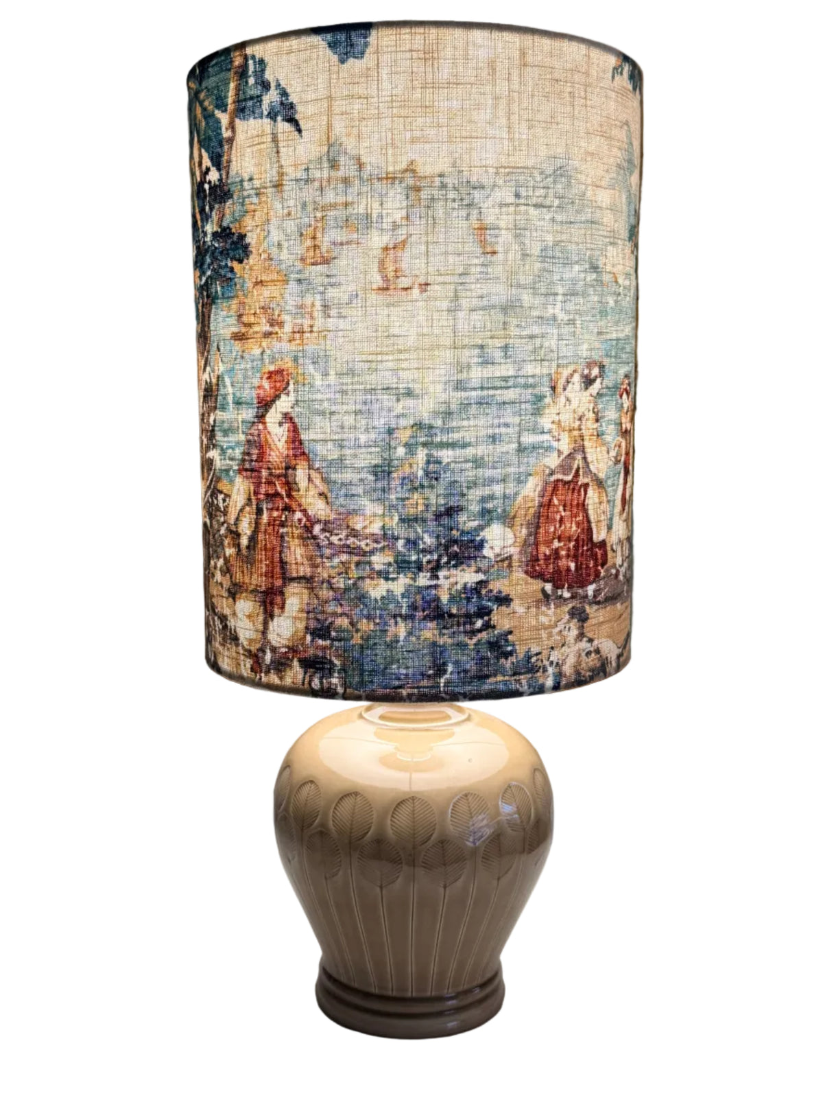 Italian taupe ceramic textured lamp base paired with tropical dawn handmade lampshade.
