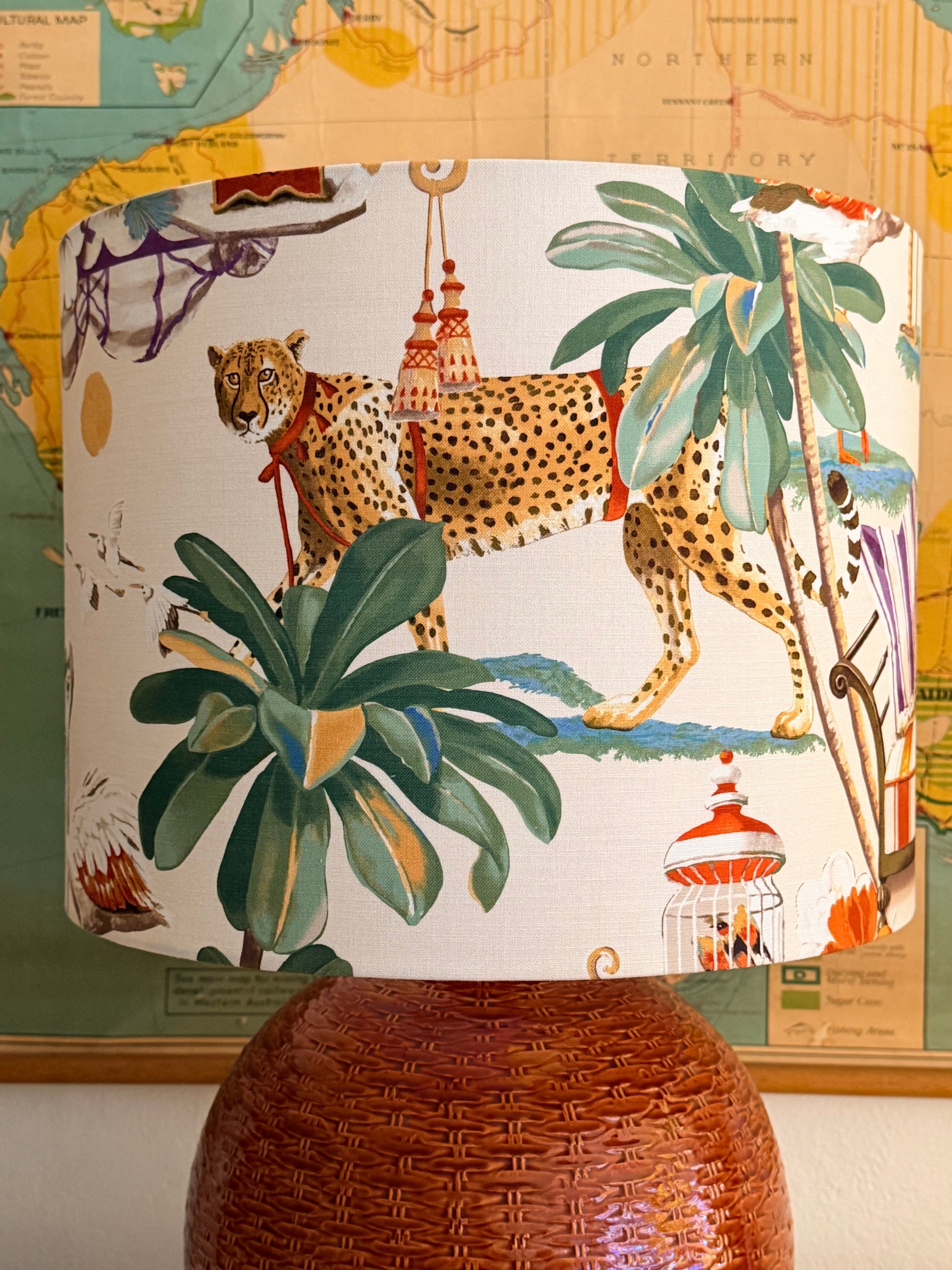 Italian basketweave lamp with leopard lampshade