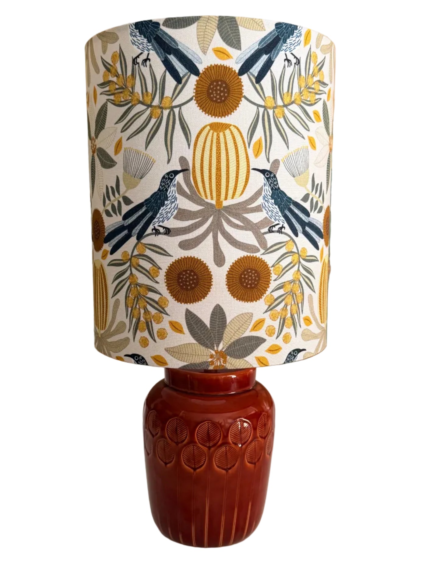 Italian brick coloured lamp with australiana wattle bird and banksia lampshade
