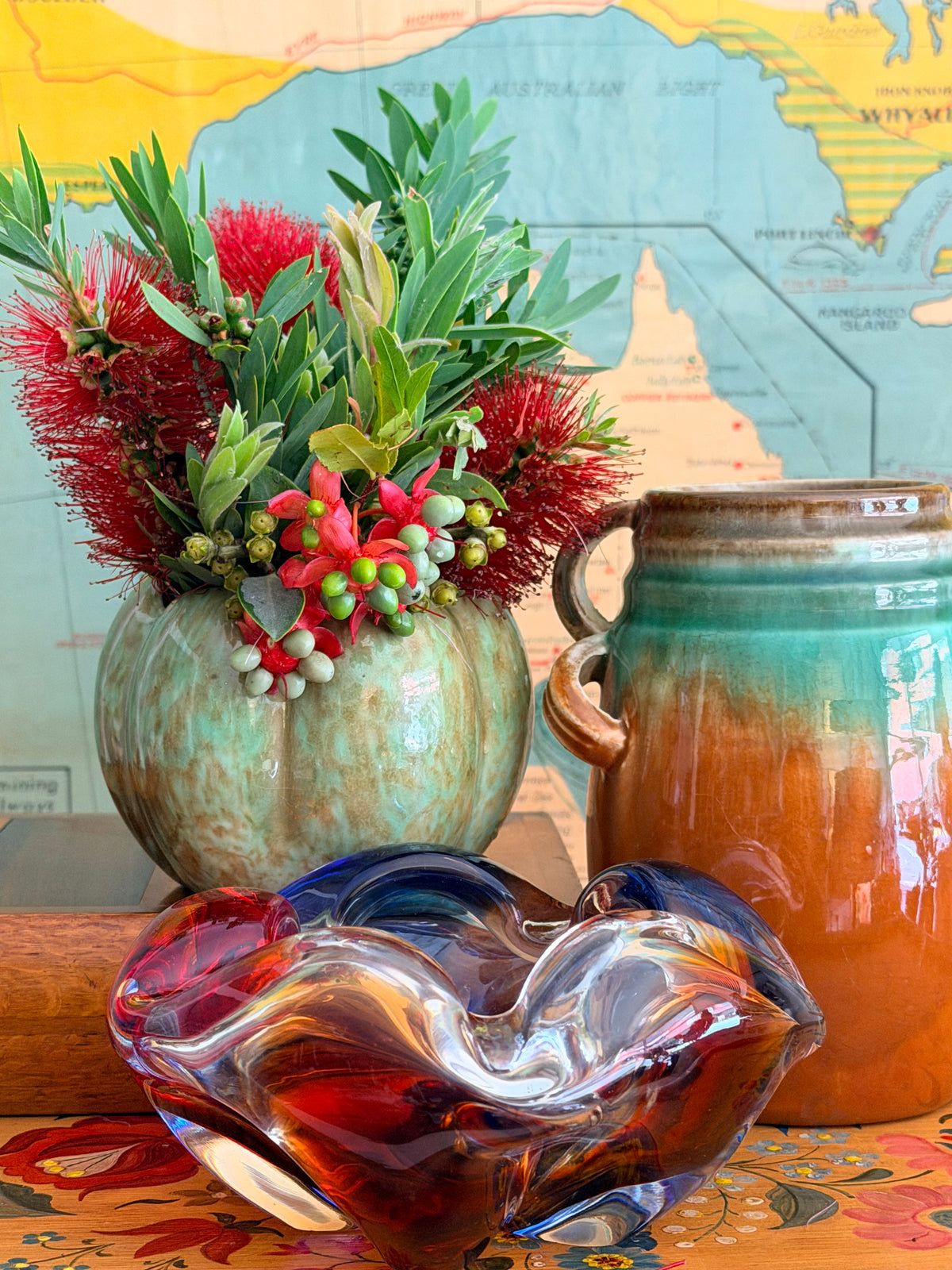 mid century Murano ruby red and blue glass bowl