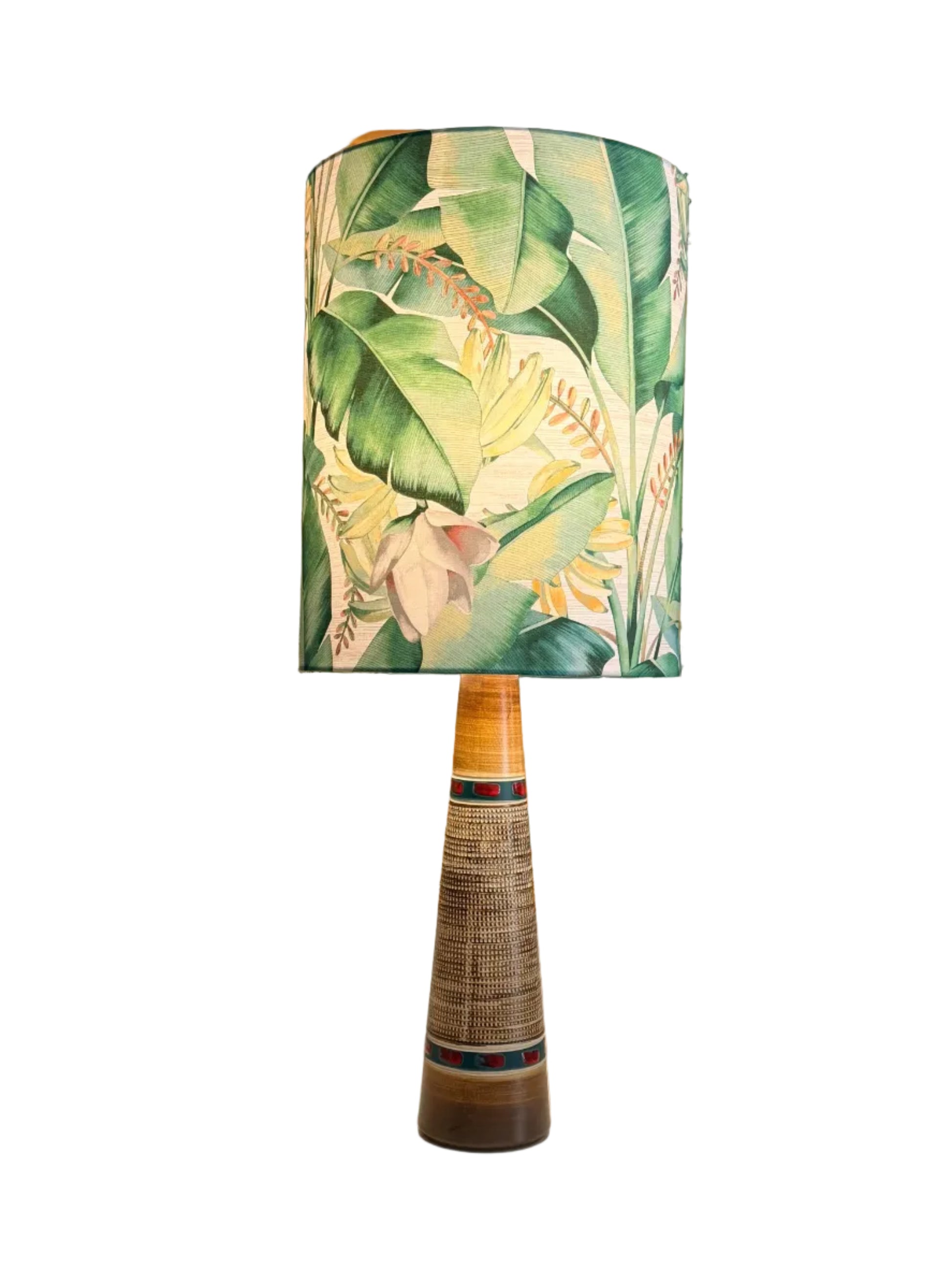 vintage retro tower lamp with tropical banana flower lamp shade.