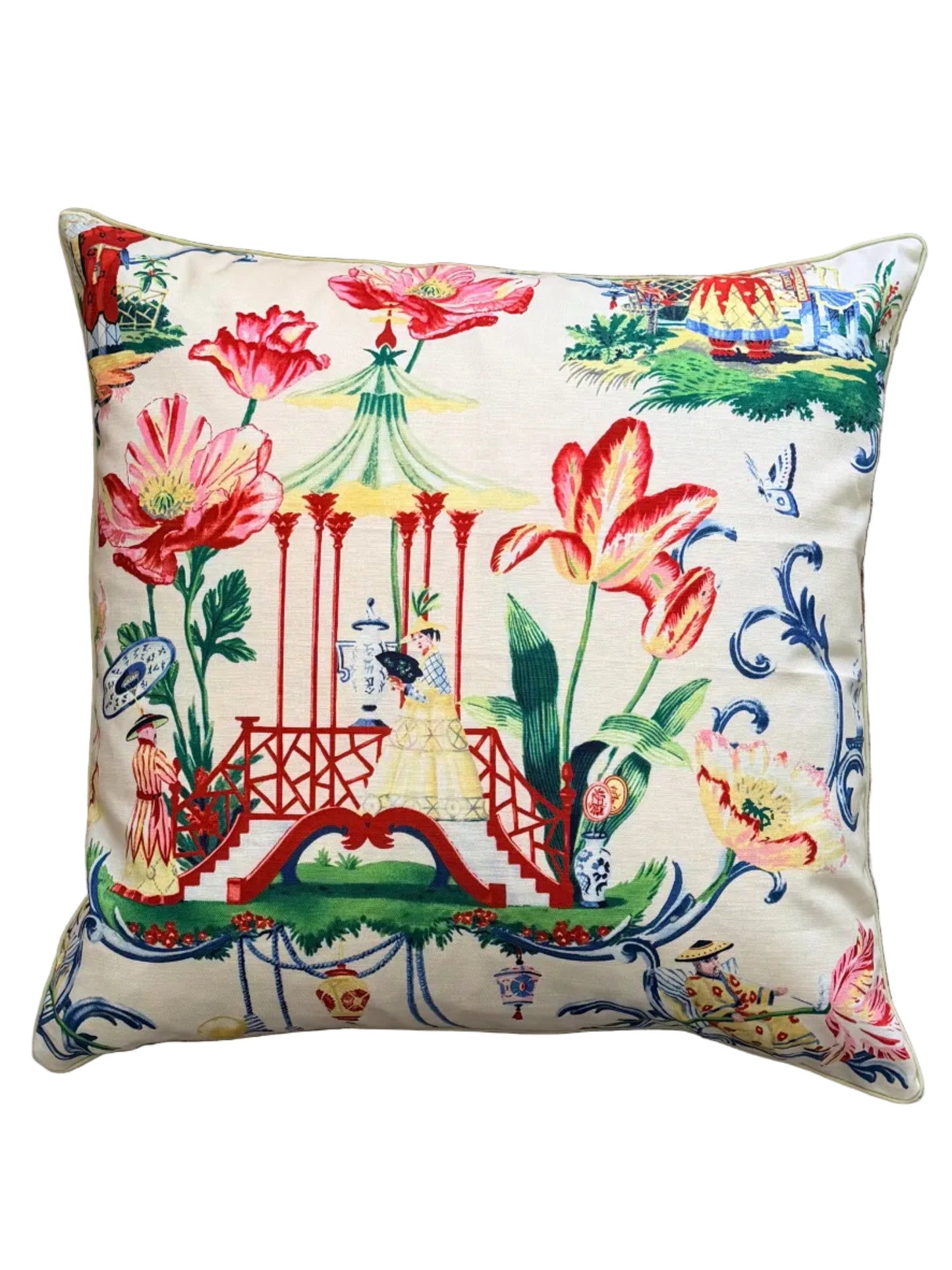 large square chinoiserie cushion with bold blooms and a pagoda