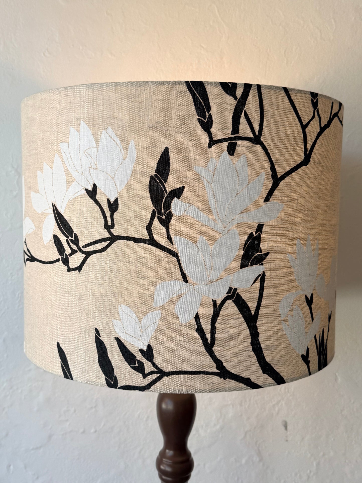 black magnolia hand printed on oatmeal linen lampshade