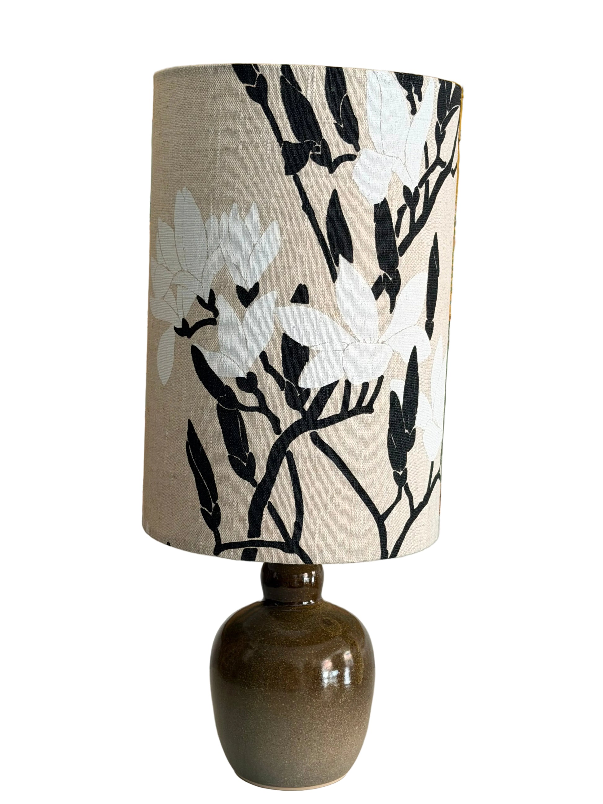 aj handthrown ceramic lamp with linen magnolia lampshade
