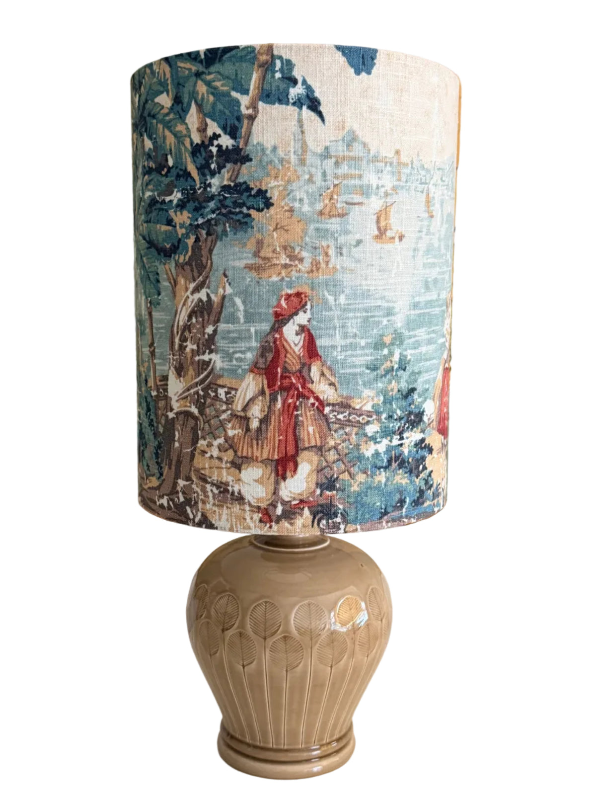 Italian taupe ceramic textured lamp base paired with tropical dawn handmade lampshade.