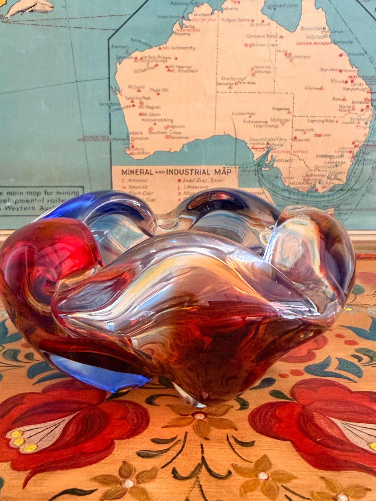 mid century Murano ruby red and blue glass bowl
