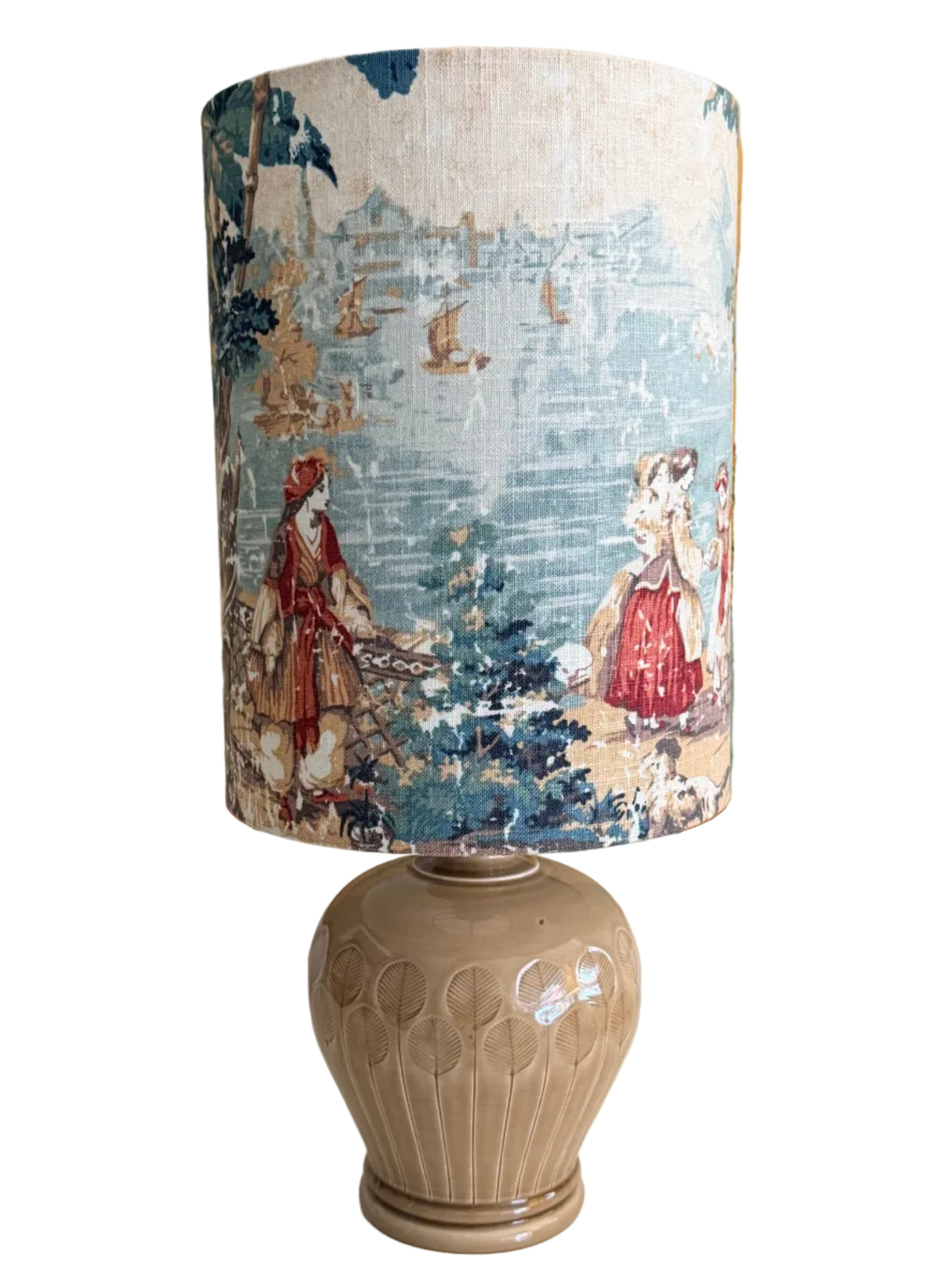 Italian taupe ceramic textured lamp base paired with tropical dawn handmade lampshade.