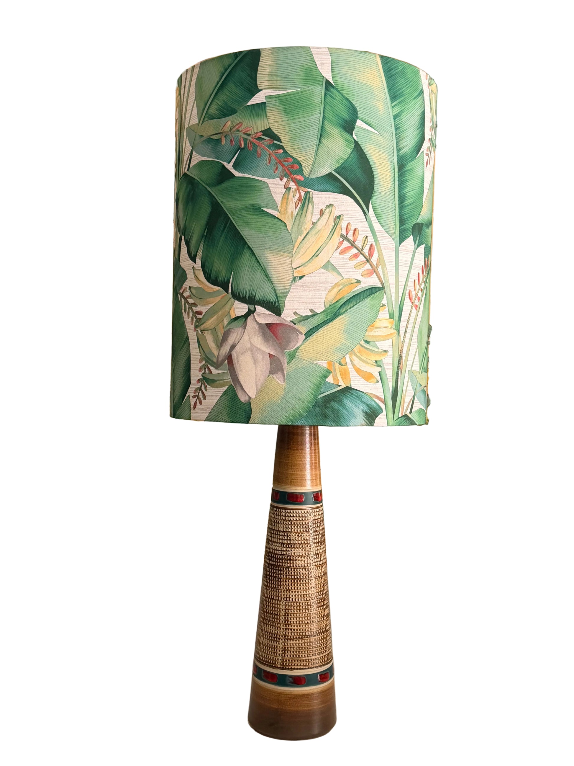 vintage retro tower lamp with tropical banana flower lamp shade.