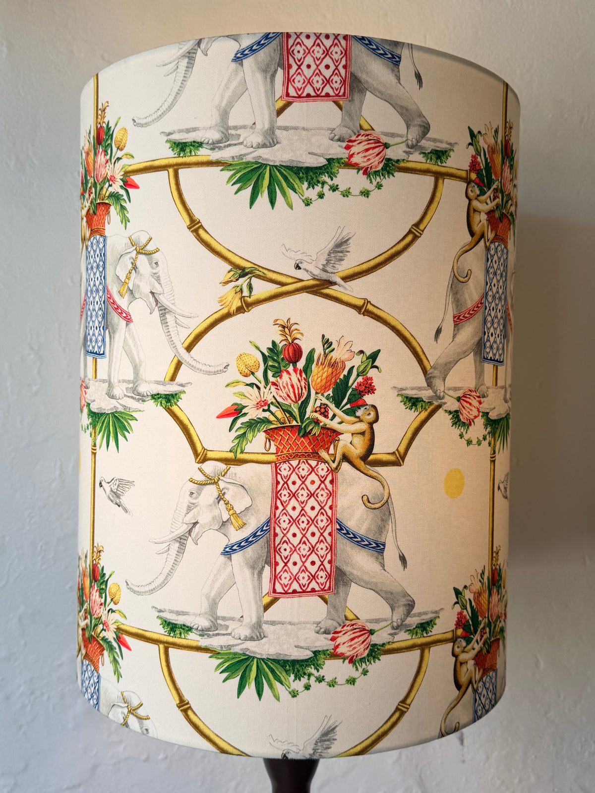 tall classic british india style lampshade with elephants and monkeys