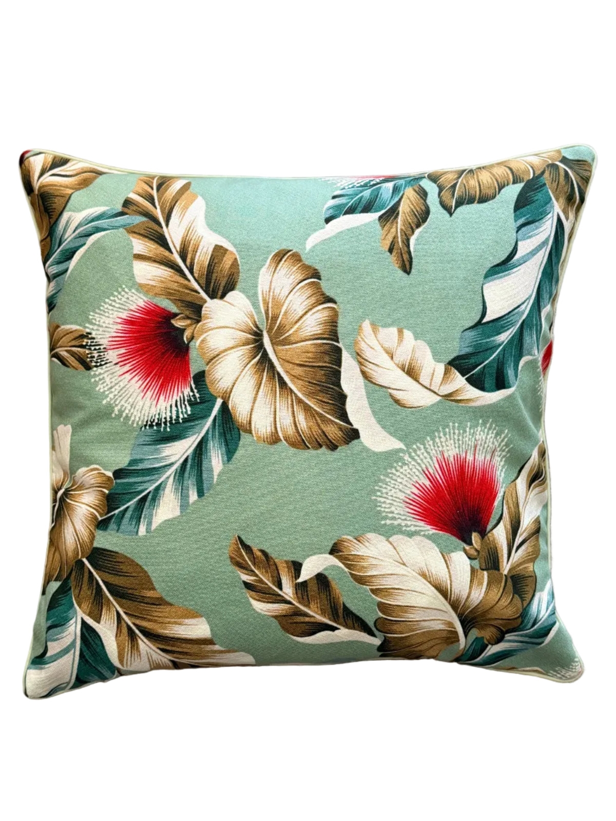 sage green hawaiian tropical cushion with red blooms