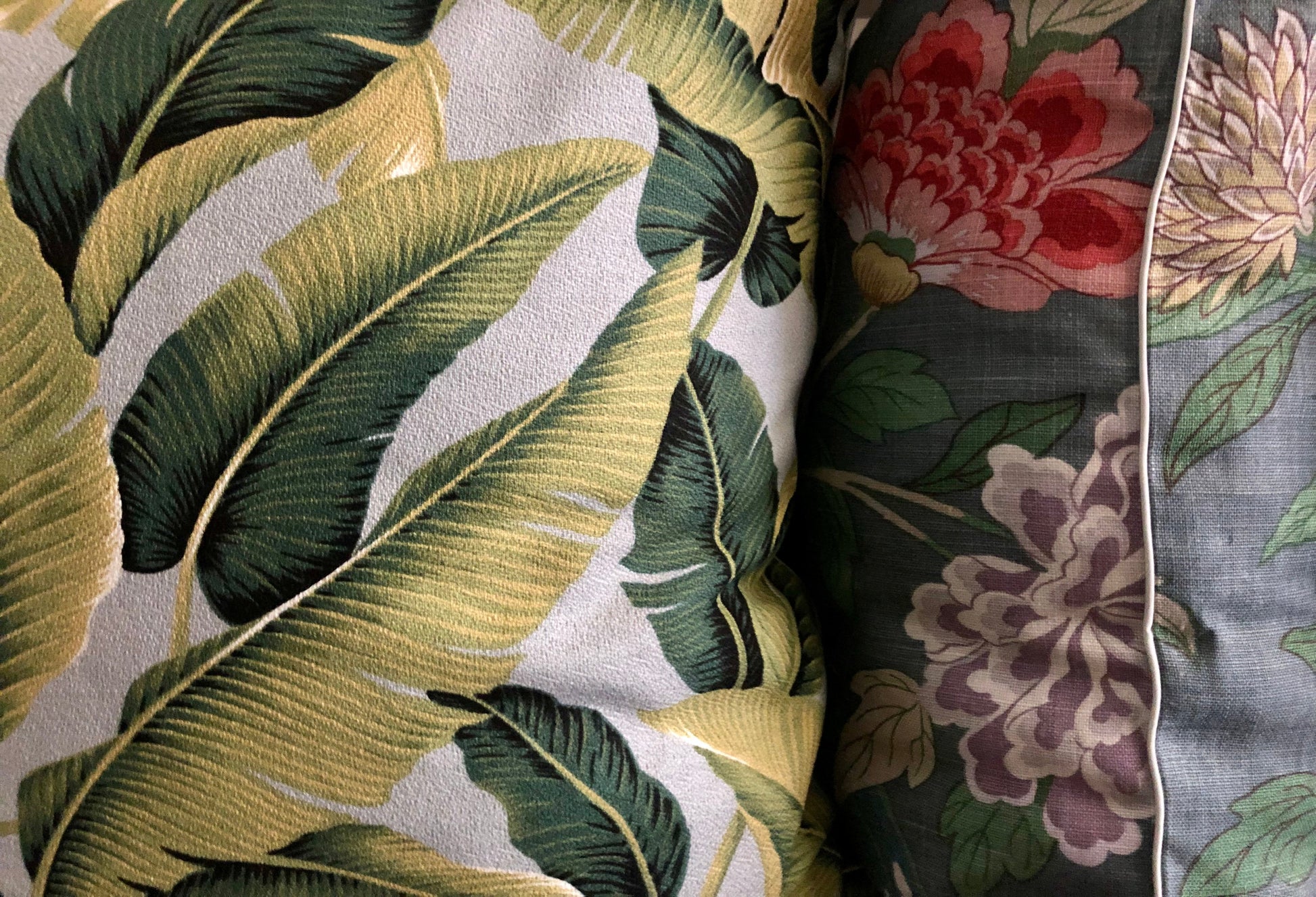 silver barkcloth banana leaf cushion