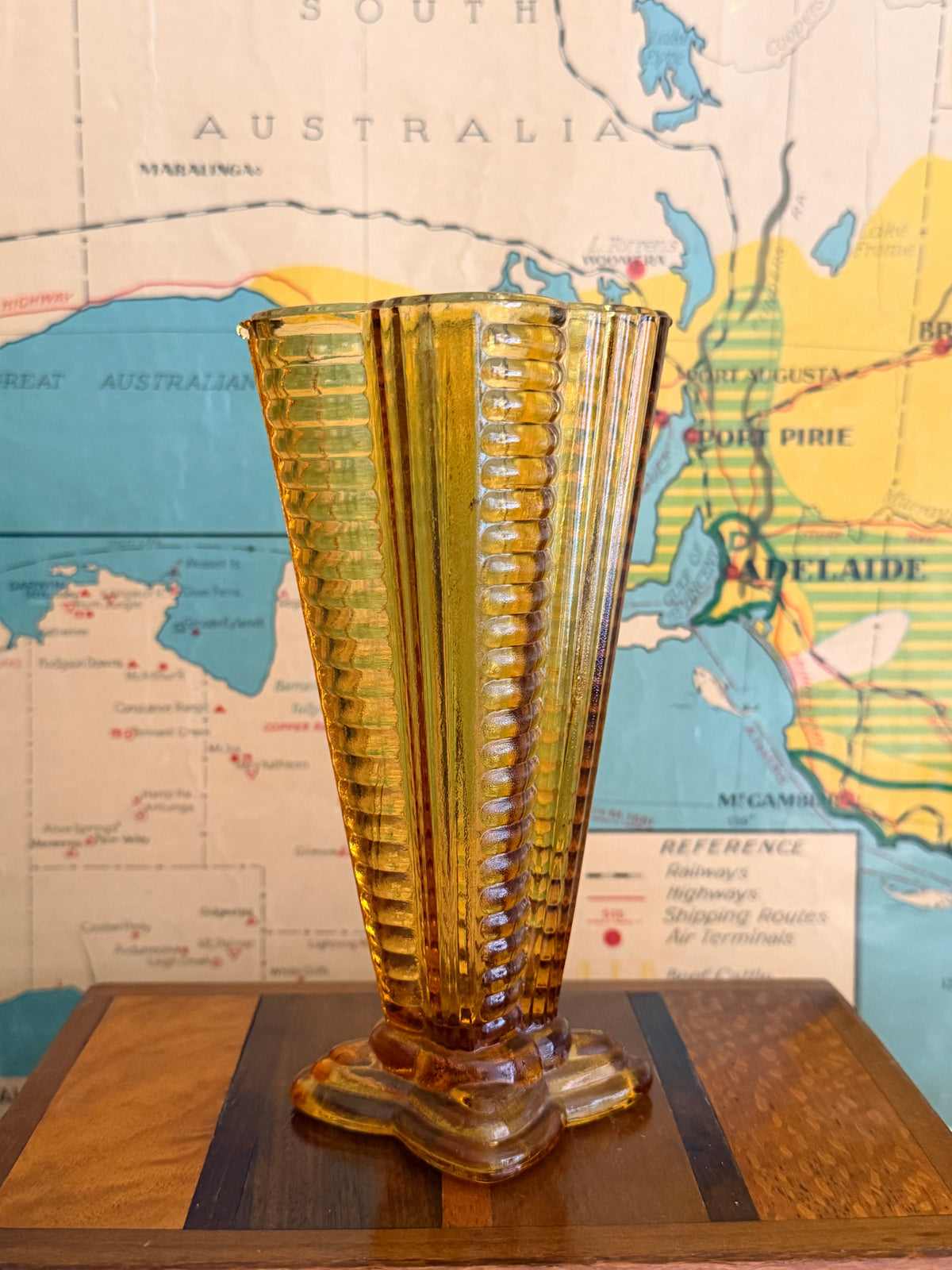vintage amber ribbed vase